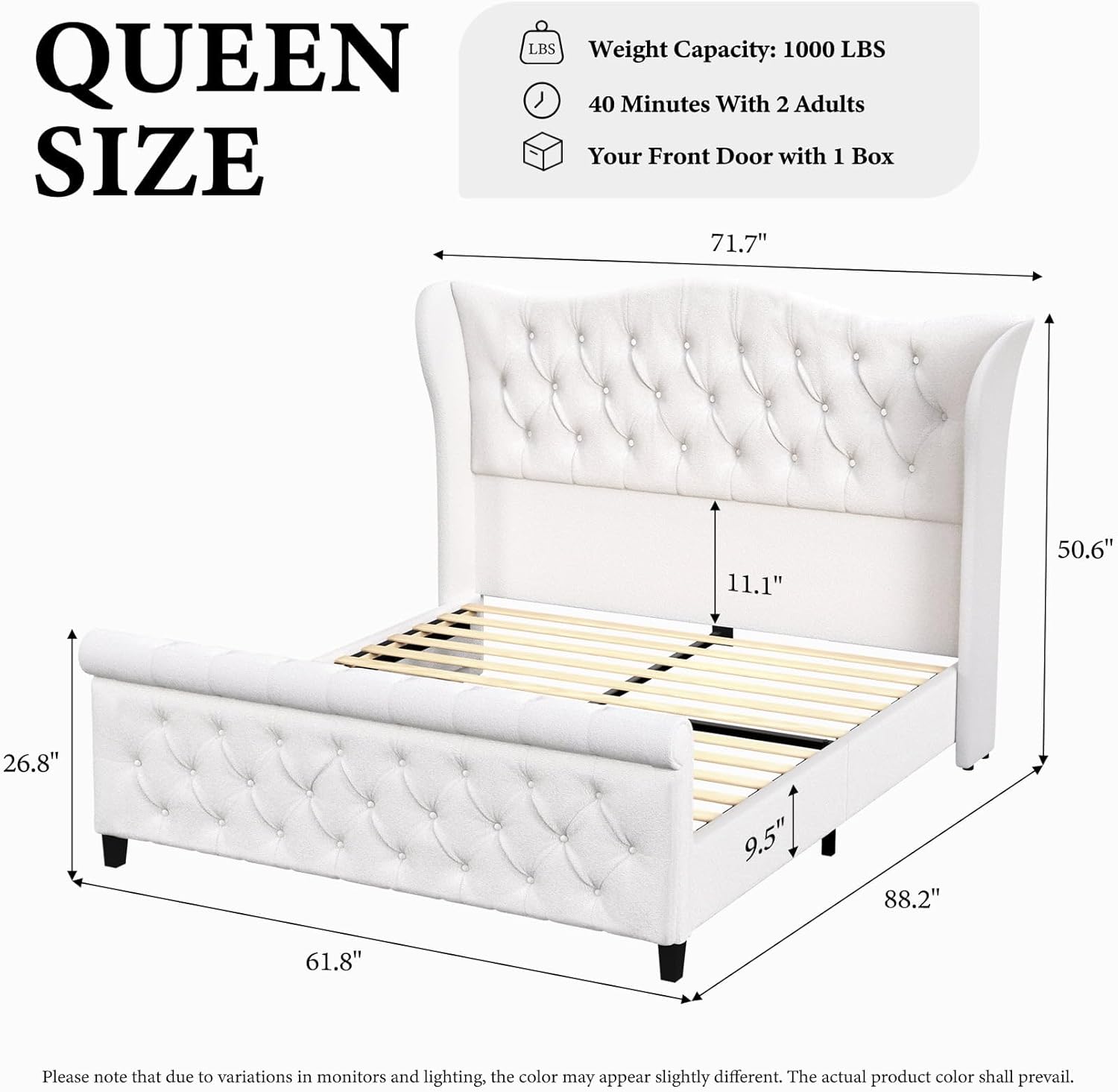 Queen Size Bed Frame Chenille Upholstered Platform Sleigh Bed with 51" Scroll Wingback Tall Headboard & Footboard/Deep Button Tufted/Easily Assemble/Wood Slats Support/No Box Spring Required/Cream