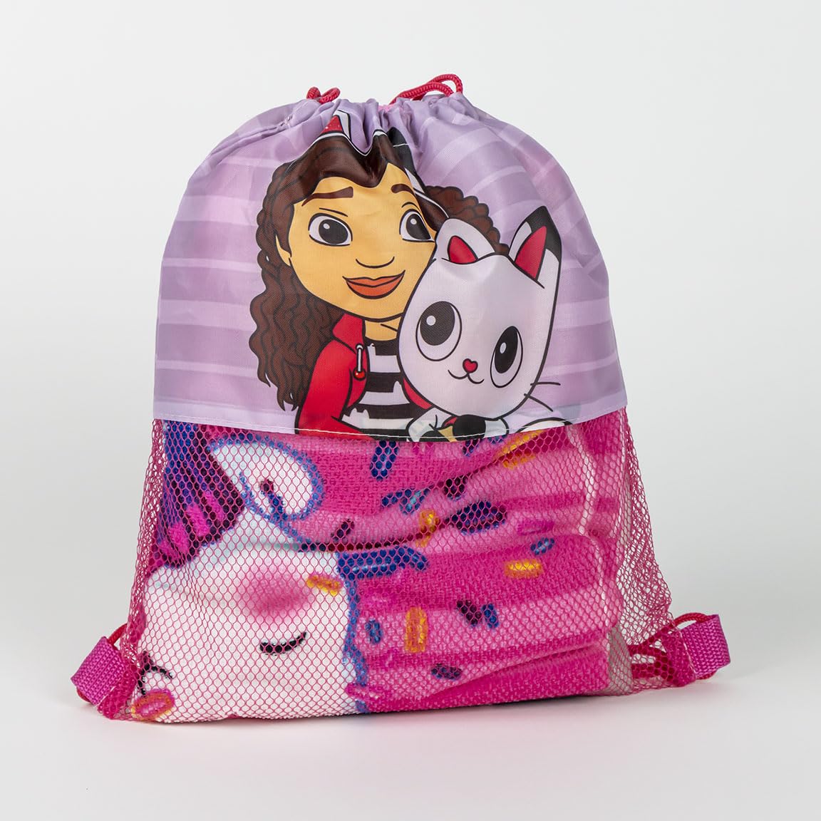 Gabby's Dollhouse Kinderset, roze en paars, incl. stoffen zak, handdoek en muts, motief Gabby, Pandy Paws en Kitty Fairy, origineel product, ontworpen in Spanje