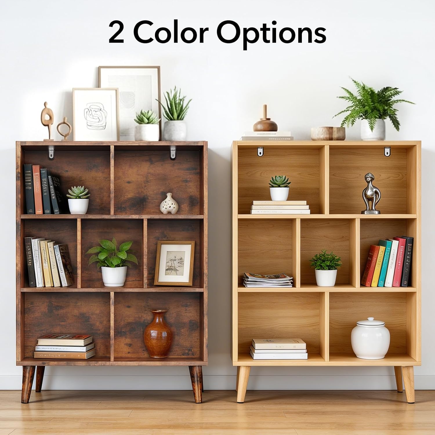 DUMOS Bookshelf, 7 Cube Book Shelf with Legs, 3-Tier Modern Wooden Bookcase, Free Standing Cube Shelf for Living Room, Bedroom, Office, Wood
