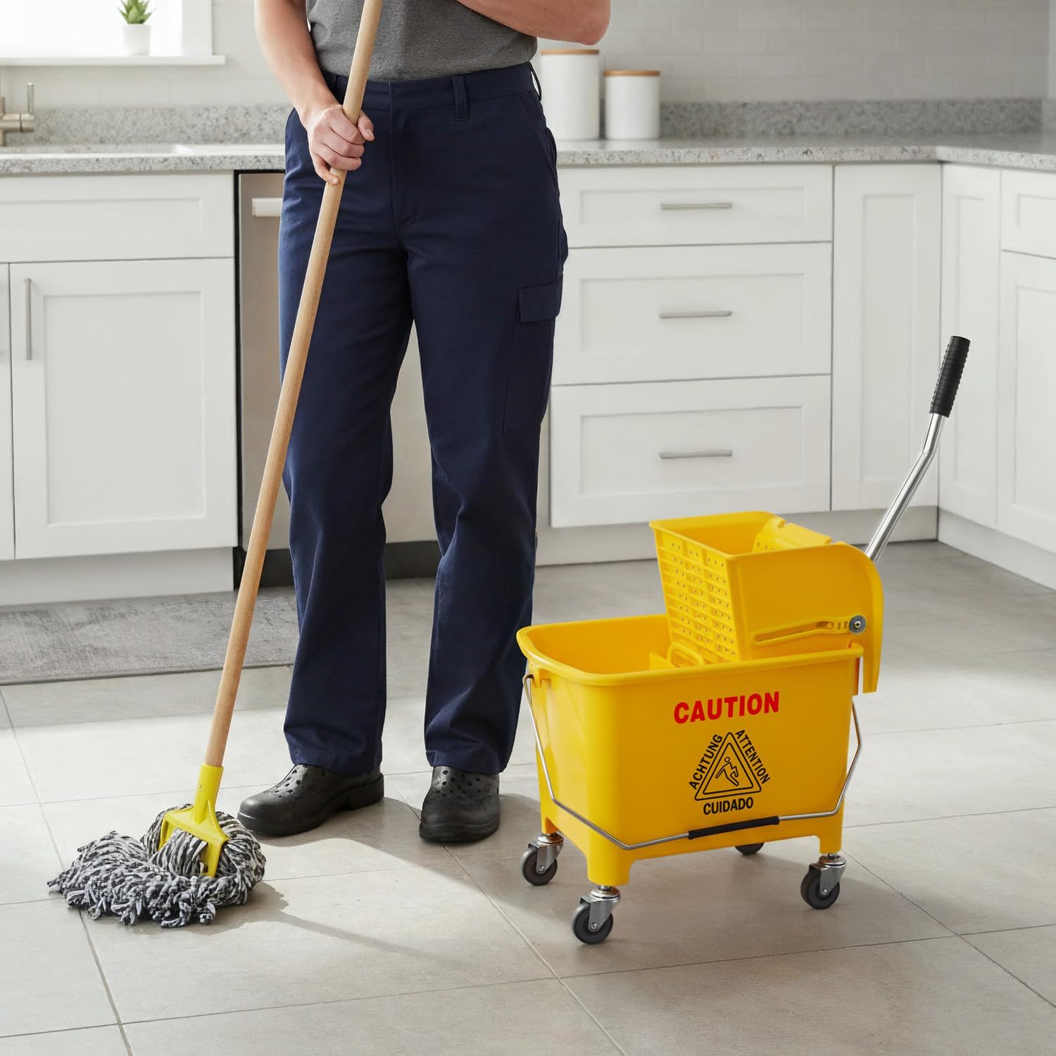 PLASTIC PRINCE Mop Bucket with New Reinforced Metal Wringer on Wheels Small 5 Gallon Dual Chamber Industrial Mop Bucket with Reinforced Metal Wringer Separate Dirty Water 20 Quart Yellow