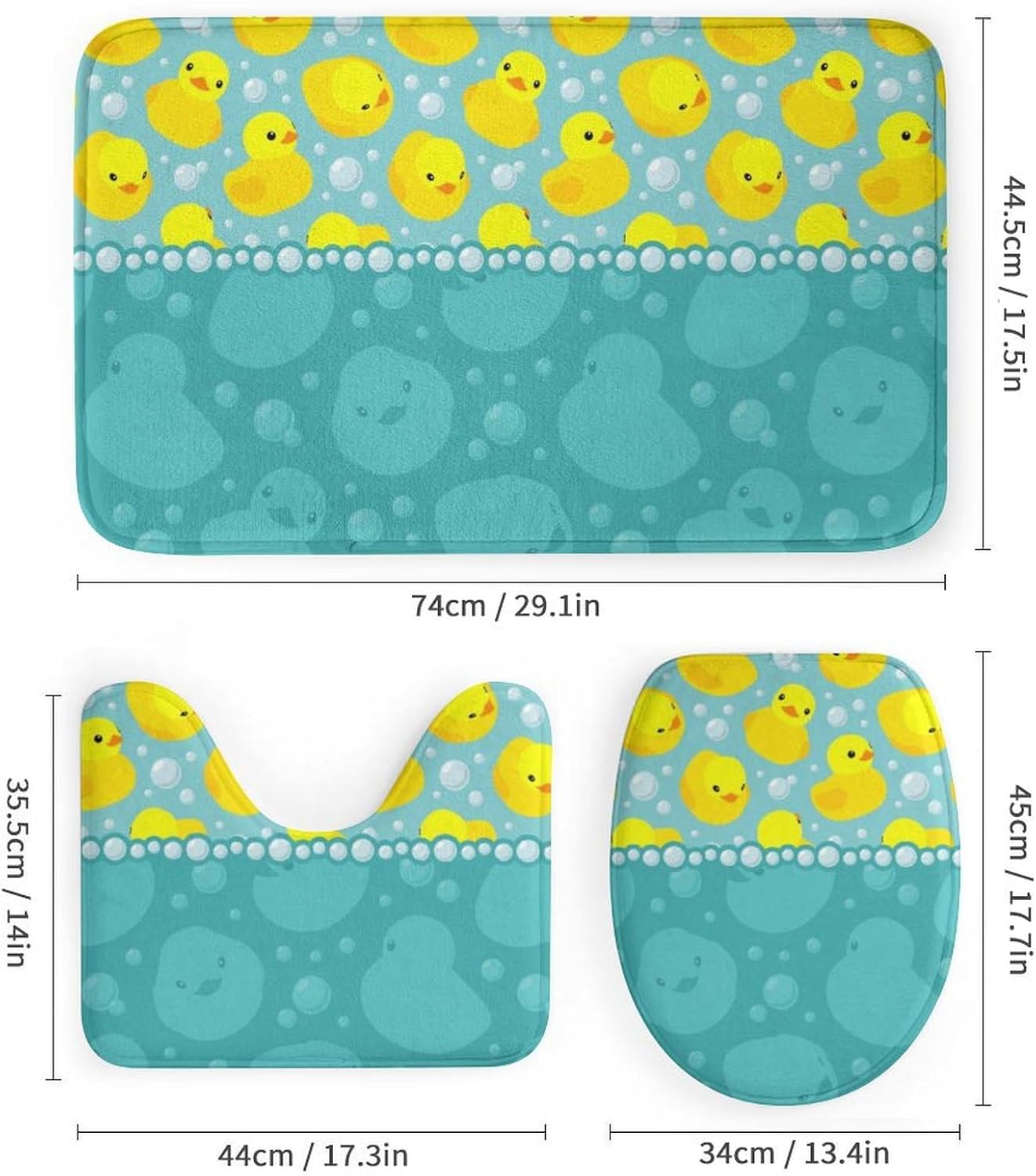 Supdreamc 4 Pc Rubber Duck Cute Yellow Cartoon Duckies Pattern Shower Curtains + Tub Shower Bath Rug Set, Water Repellent Shower Stall Curtain Absorbent Shaggy Rugs