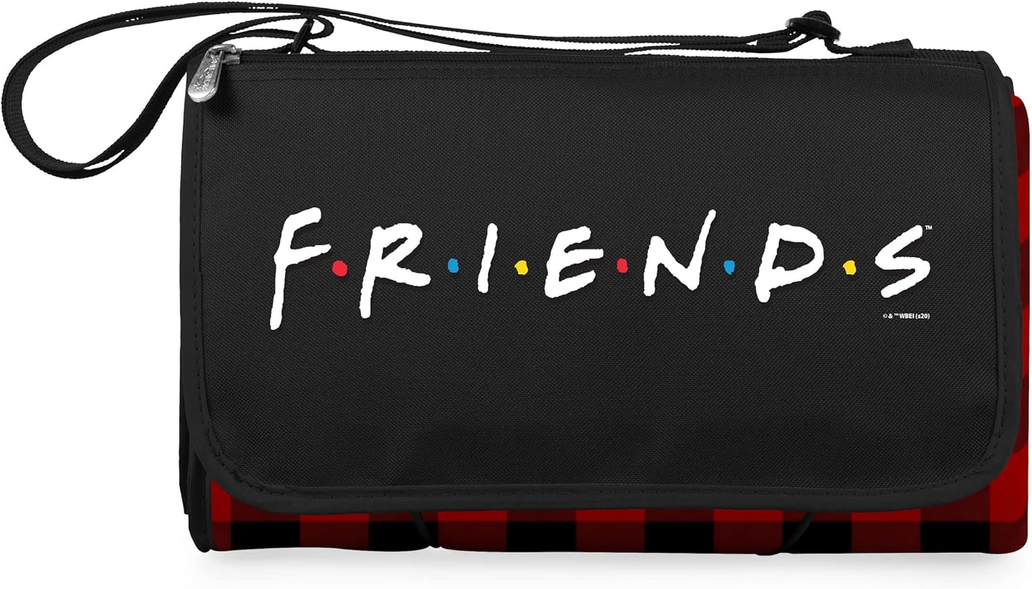PICNIC TIME Friends Blanket Tote Picnic Blanket, Folding Outdoor Beach and Camping Blanket with Carry Tote and Zipper Pocket, Water Resistant Fleece (Red and Black Buffalo Plaid)