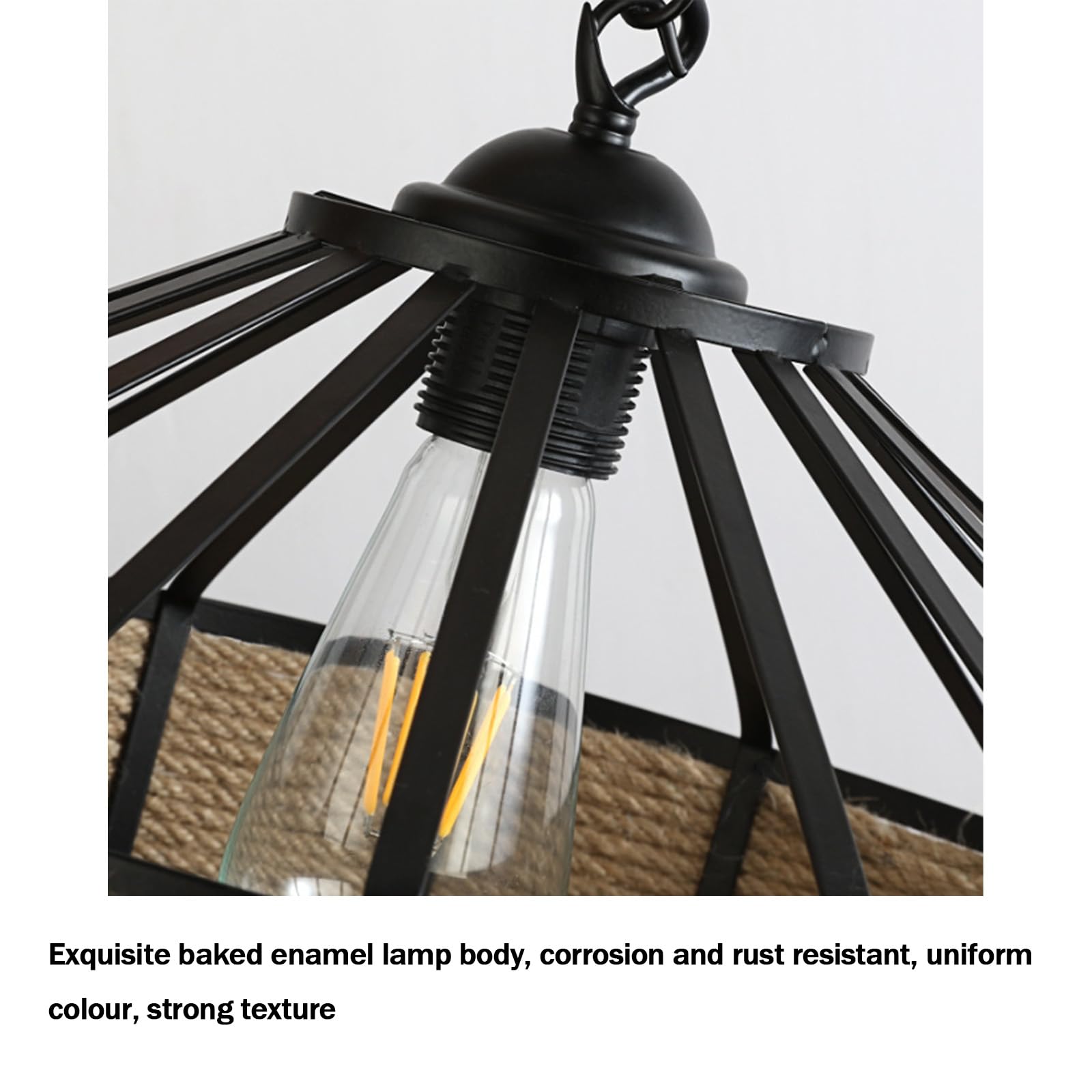 E27 Retro Esszimmer Hängelampe Kreativ Hanfseil Design Pendelleuchte Schwarz Eisen Rund Dekoration Kronleuchter (Ohne Glühbirne) für Wohnzimmer Küche Treppenhaus (60cm,B)