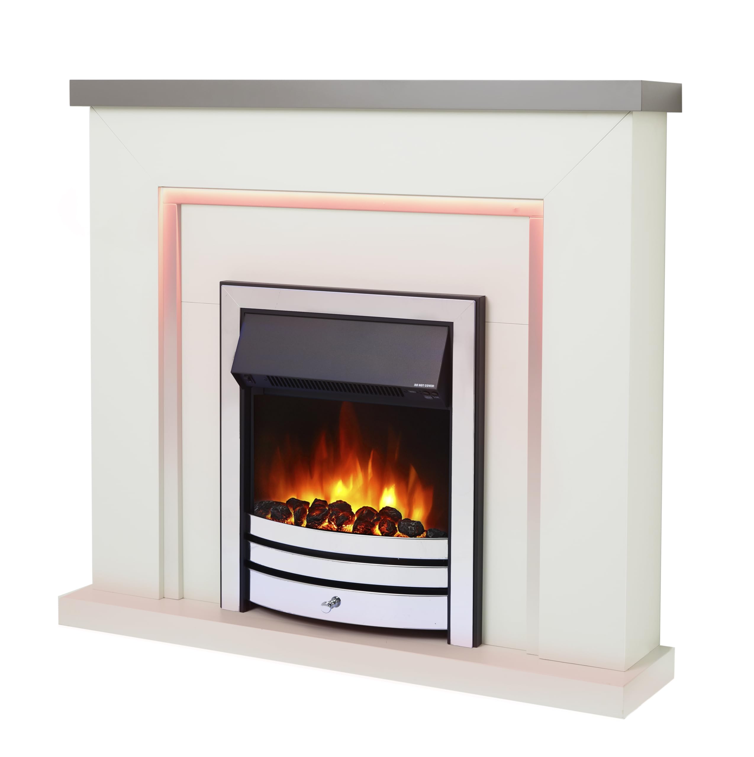 Endeavour Fires And Fireplaces Grey Top/White Hearth/Chrome Fire Endeavour Fires Bempton 42" Electric Fireplace Suite With Flame Effect & Coal Bed, Remote Control, Custom Surround, 13-Colour Led Lighting, Eco Heater,