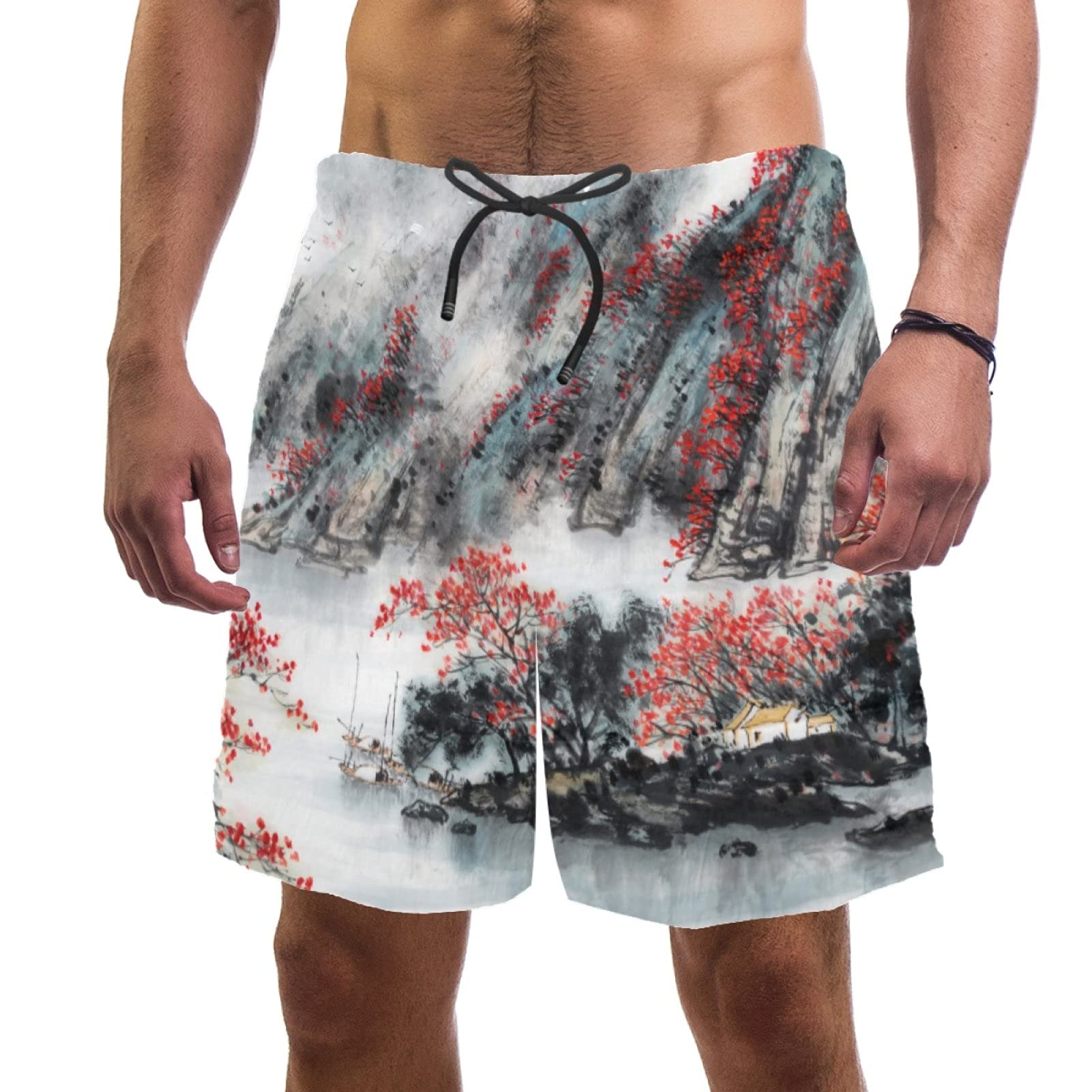 Short de bain pour homme doublure maille motif chinois traditionnel multicolore