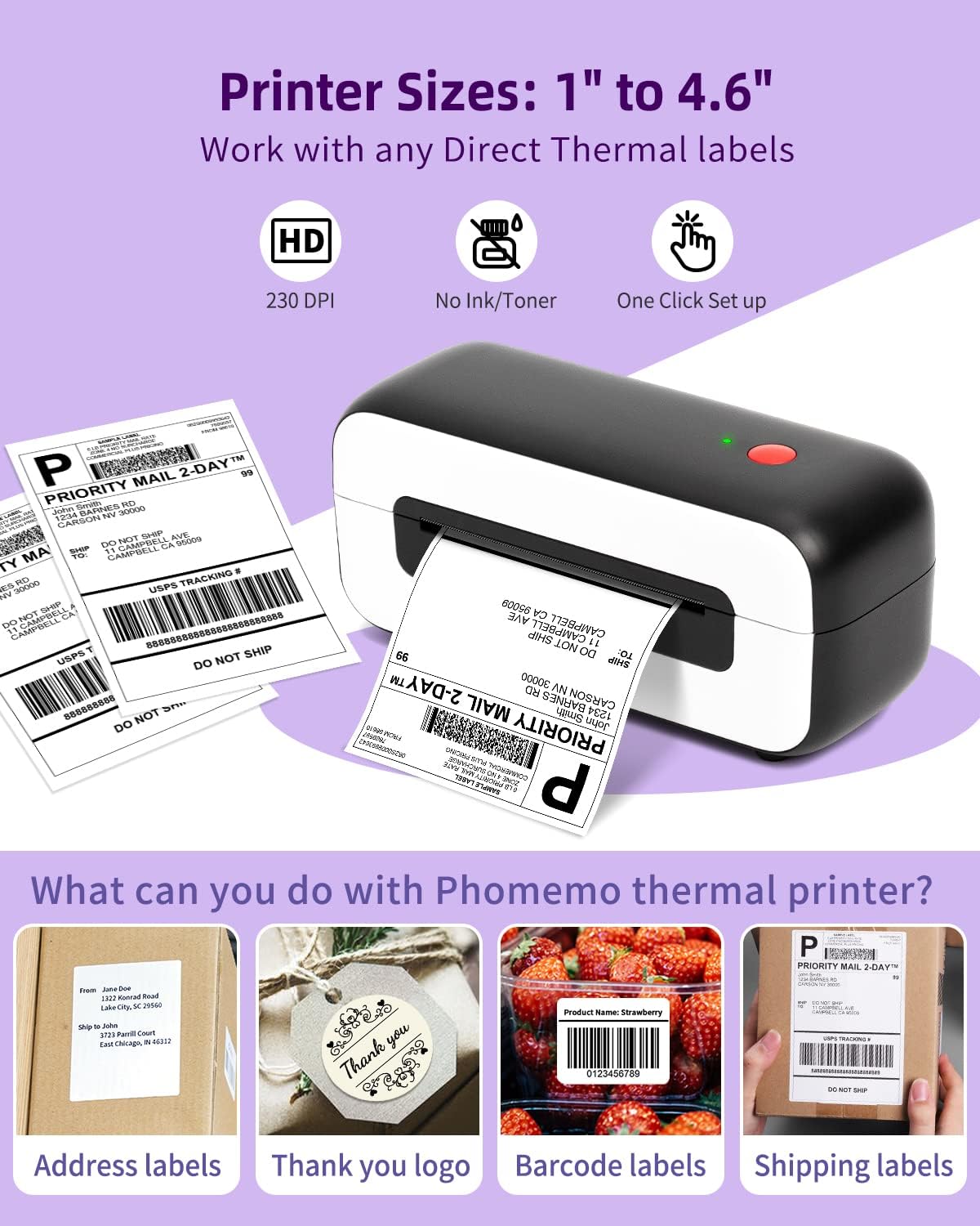 Phomemo Shipping Label Printer - Thermal Label Printer for Shipping Packages, Desktop Label Printers for Small Business, Compatible with Shopify Ebay USPS Amazon Etsy, Support Multiple Systems, Black