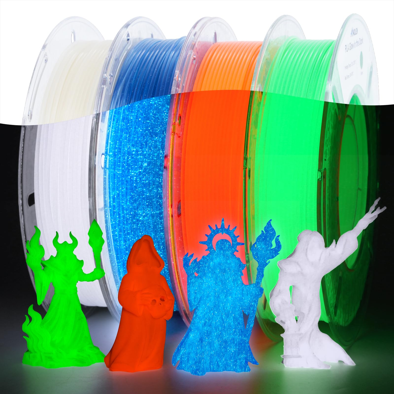 AMOLEN Glow in the Dark 3D Printer PLA Filament Bundle, Glow Shiny Firefly Blue, Orange, Green, and White, 1.75mm PLA Filament for Most FDM 3D Printer, Dimensional Accuracy +/- 0.02 mm, 200g X 4 Pack