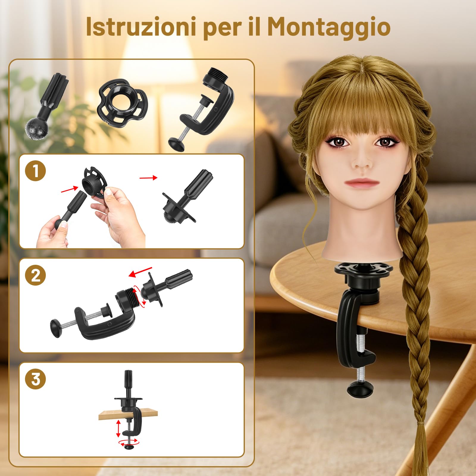 TwoWin Testa Parrucchiere 26 Pollici 66 cm Capelli Veri 80% Marrone dorato