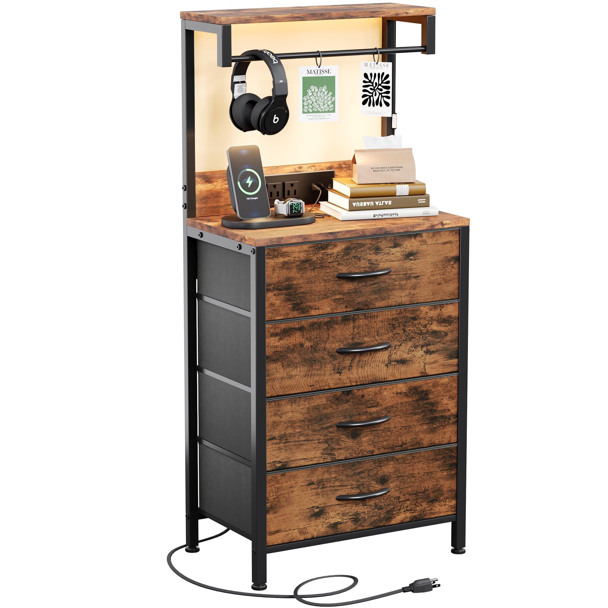 MUTUN Bedside Table with Charging Station, Bedside Cabinet with LED Light, Nightstand with Wood Shelf, 4 Fabric Drawers Side Table for Bedroom, Rustic Brown