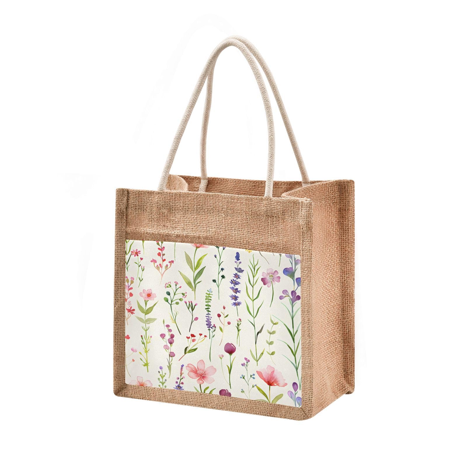 Mnsruu Burlap Jute Tote Bag Watercolor Wildflowers Reusable Grocery Shopping Bag Beach Tote Bag for Women Girls Bridesmaid Wedding School 25x25x18cm