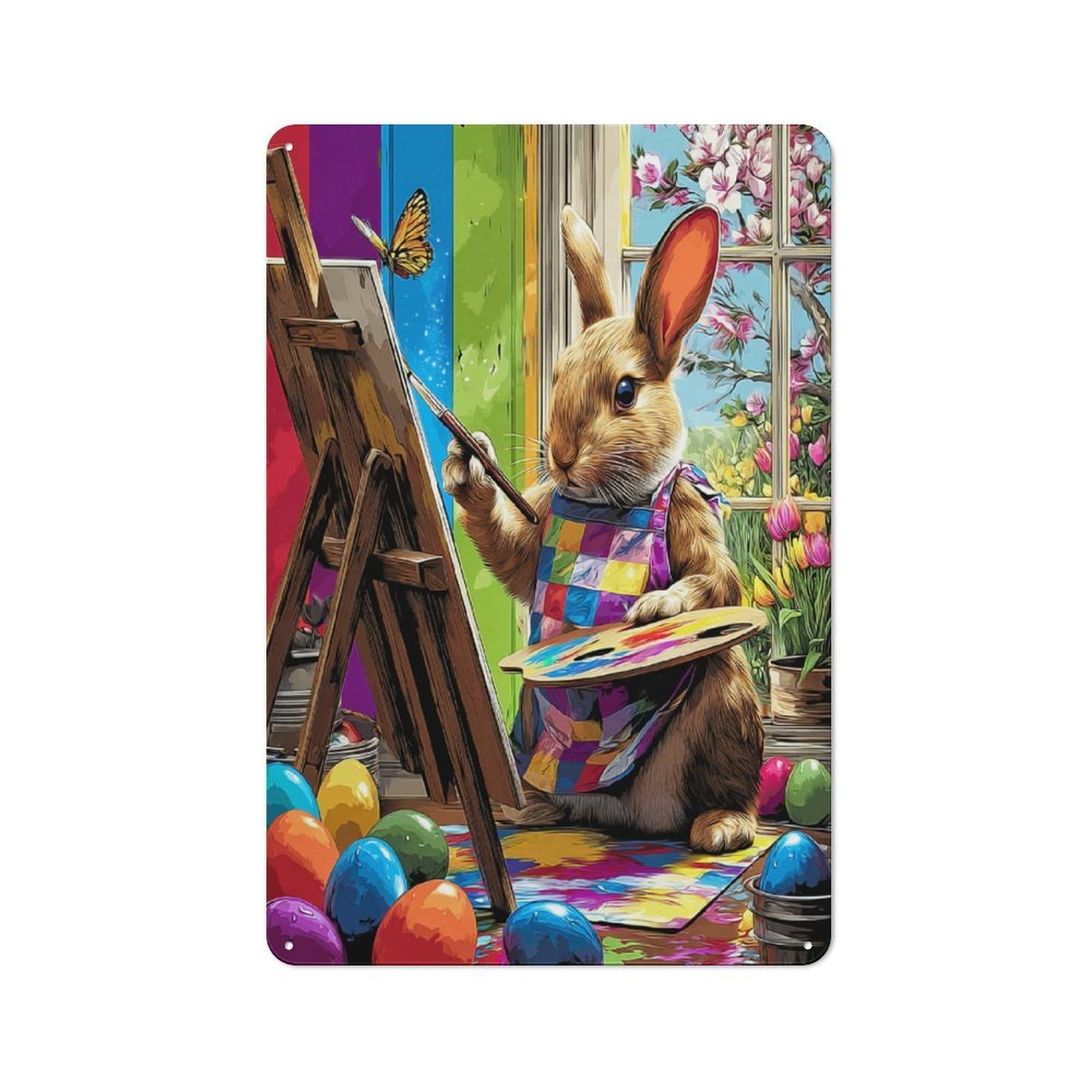 Junmoney Artist Bunny Painting Easel Metal Wall Sign 30X20cm Featuring For Garage Or Workshop, For Vintage Wall Decor Fans, For Metal Sign Collectors