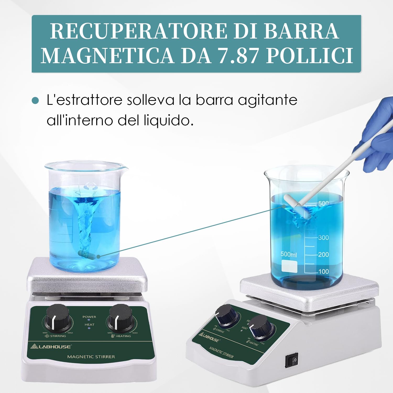 LHS-2 Agitatore Magnetico Piastra Riscaldante, 300°C, 2000RPM, 2L | Piastra fino a 300°C, 4 barre PTFE e recuperatore, supporto, variabile, per riscaldamento e miscelazione
