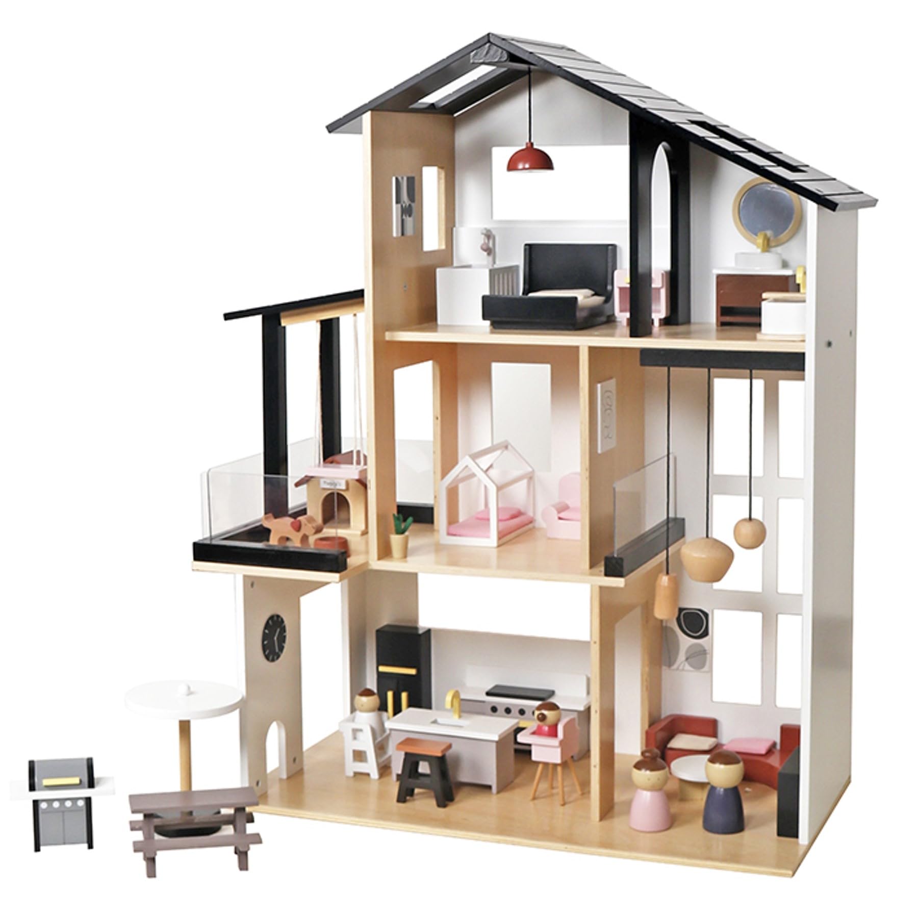Modernes Puppenhaus Stadtvilla aus Holz – 3 Etagen mit 49 Zubehörteilen, Möbeln, 4 Figuren & Hund – Design Villa mit Balkon, Garten & Hundehütte – Geschenk für Mädchen & Jungen