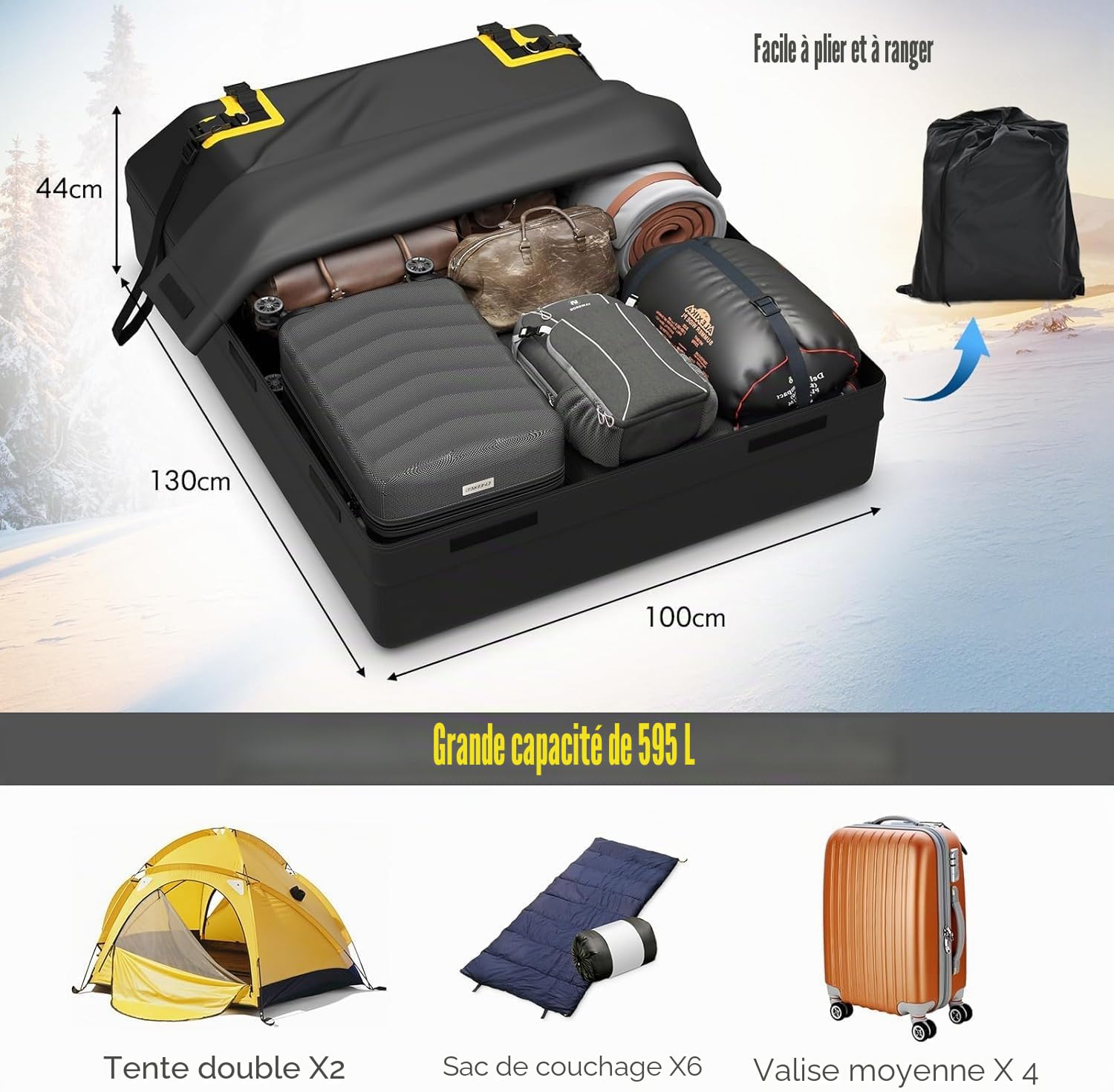 FANTASK Coffre de Toit 600 l avec 6 Crochets de Porte pour Voiture et SUV - Étanche - Serrure à Combinaison - Tapis antidérapant et Sac de Transport - Sac de Toit Pliable