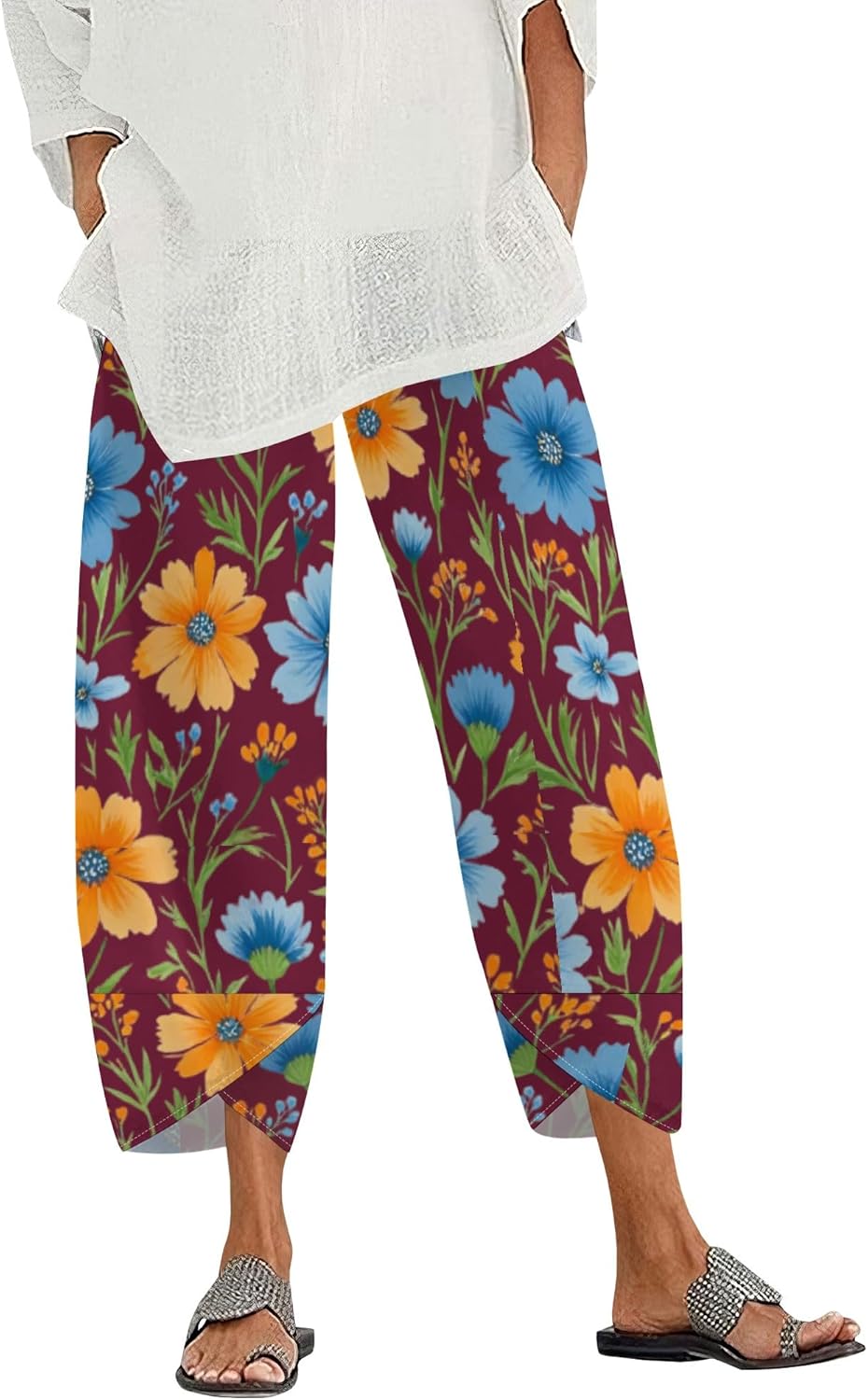 LIZALIG Womens Tropical Capri Pants High Waist Lemon Print Drawstring Summer Beach Cotton Linen Trousers