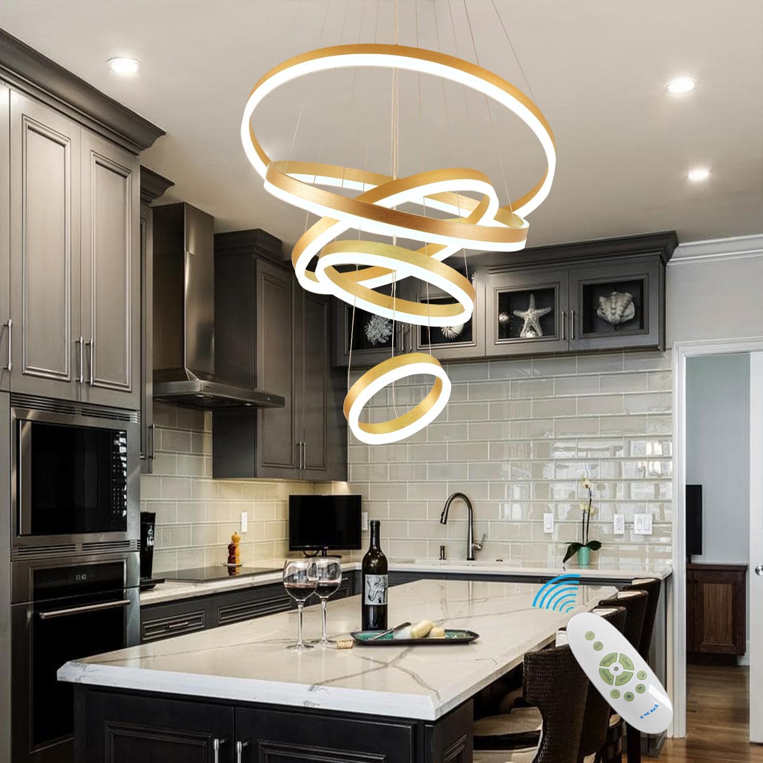 Dimmable 5 Rings Gold Chandelier Light Fixture Luxury Big LED Chandelier for High Ceiling Living Room Foyer