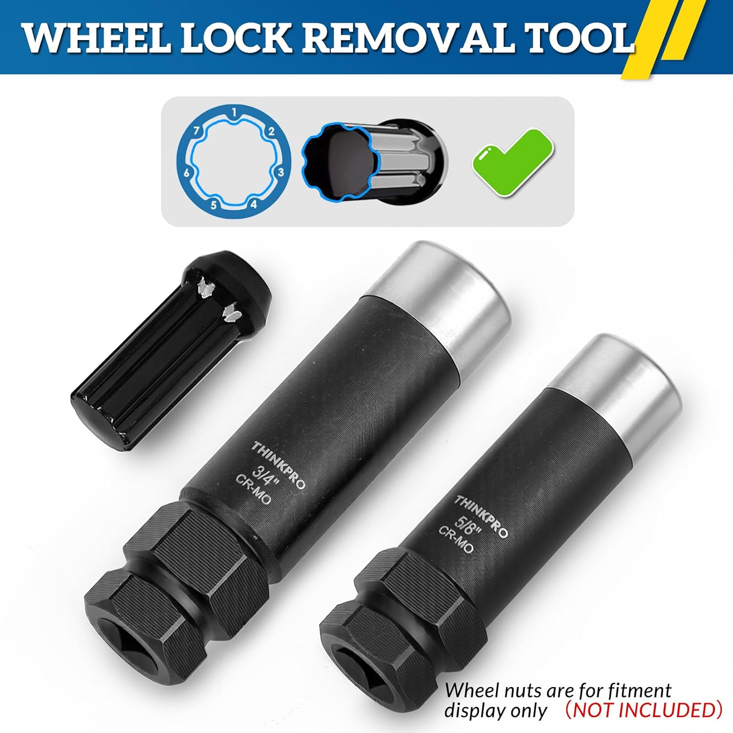 7 Spline Lug Nut Key Set - Thin Wall Spline Socket Removal Tool Kit for Aftermarket Wheels, Reinforced Cr-Mo Steel Dual Hex Drive (3/4" & 13/16") with 3/8" Drive and Storage Case,Black