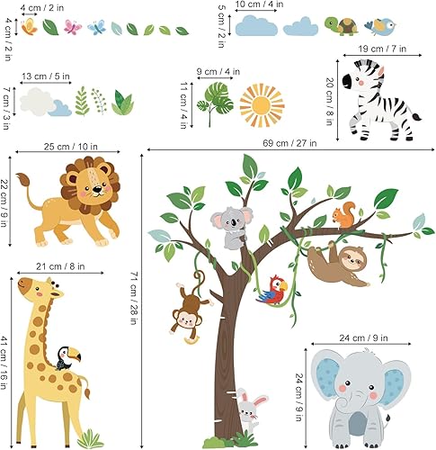Miniatura 4 de decalmile Calcomanías de pared de árbol de animales de la selva, safari, animales bebés, jirafa, elefante, león, mono, pegatinas de pared, sala de