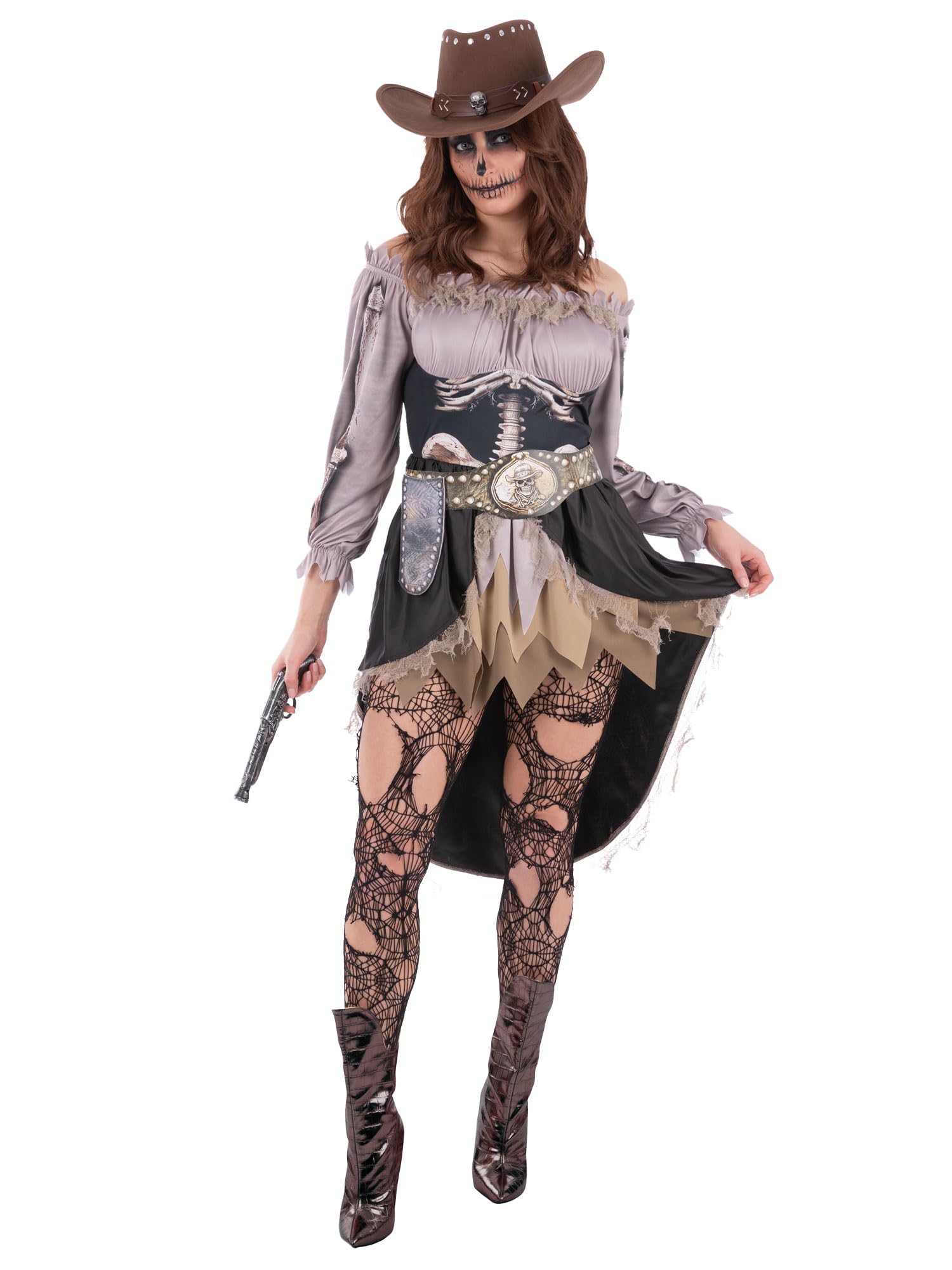 Smiffys Skeleton Saloon Girl Costume for Women, Halloween Western Cowgirl Outfit with Skeleton Print Dress and Holster Belt, Spooky Wild West Fancy Dress, Large
