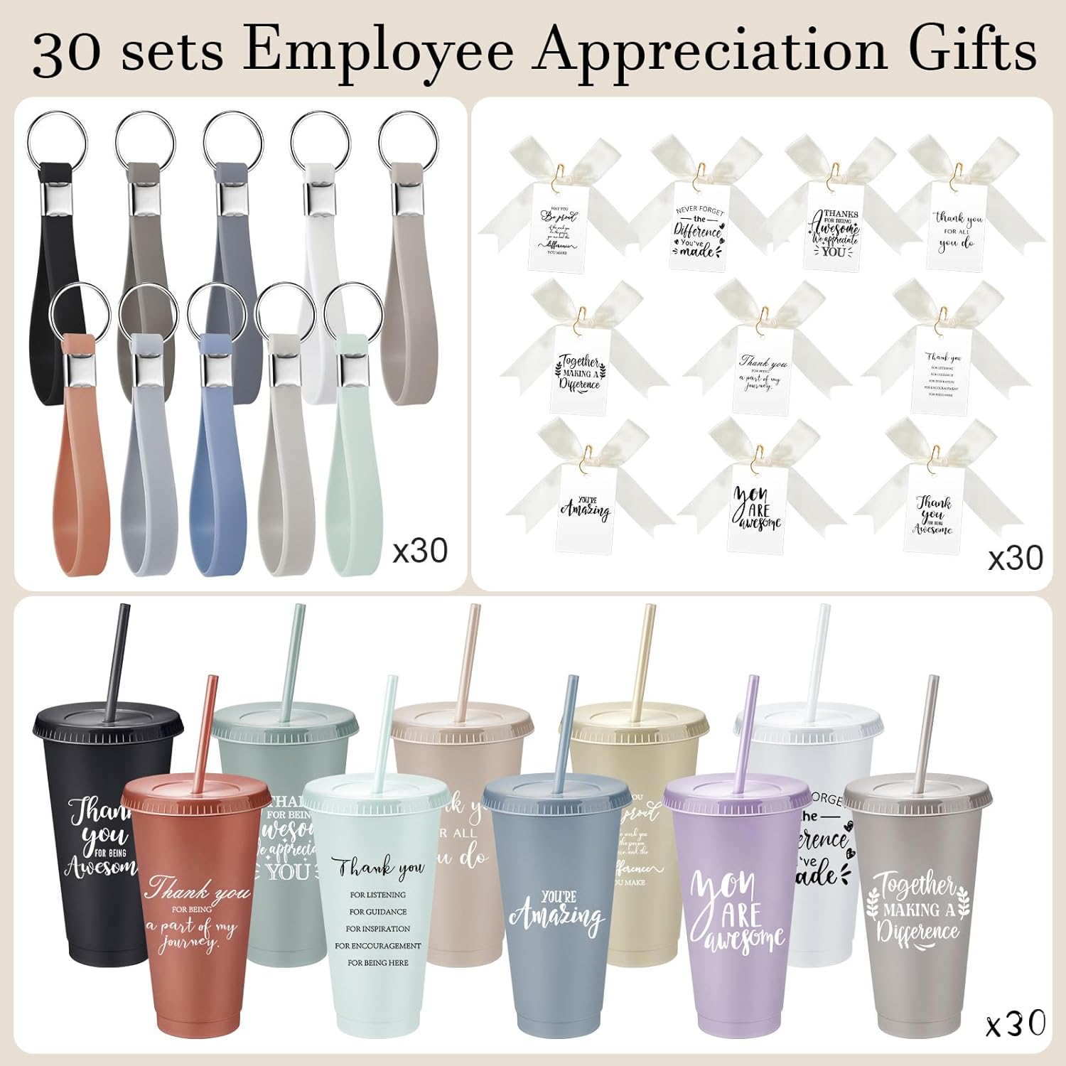 Tioncy 30 Sets Employee Appreciation Gifts Bulk 24 oz Plastic Tumbler with Lid and Straw Reusable Coffee Cups with Keychain Bowknot Card Christmas Gifts for Coworker Staff Worker Favors(Encourage) - Image 3