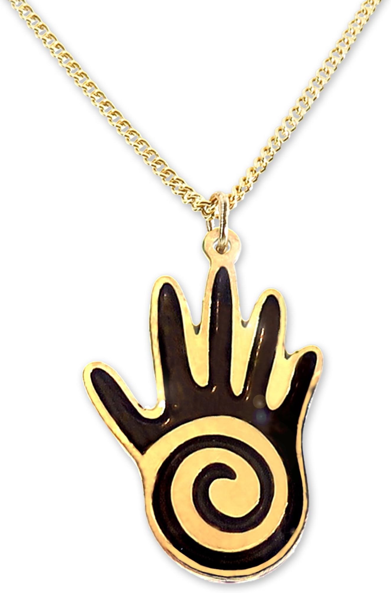 Gold Plated Tiny Hamsa Hand Necklace for Women Swirl Charm Pendant Protection Jewelry with Hand Painted Black Enamel, 17.5" Chain