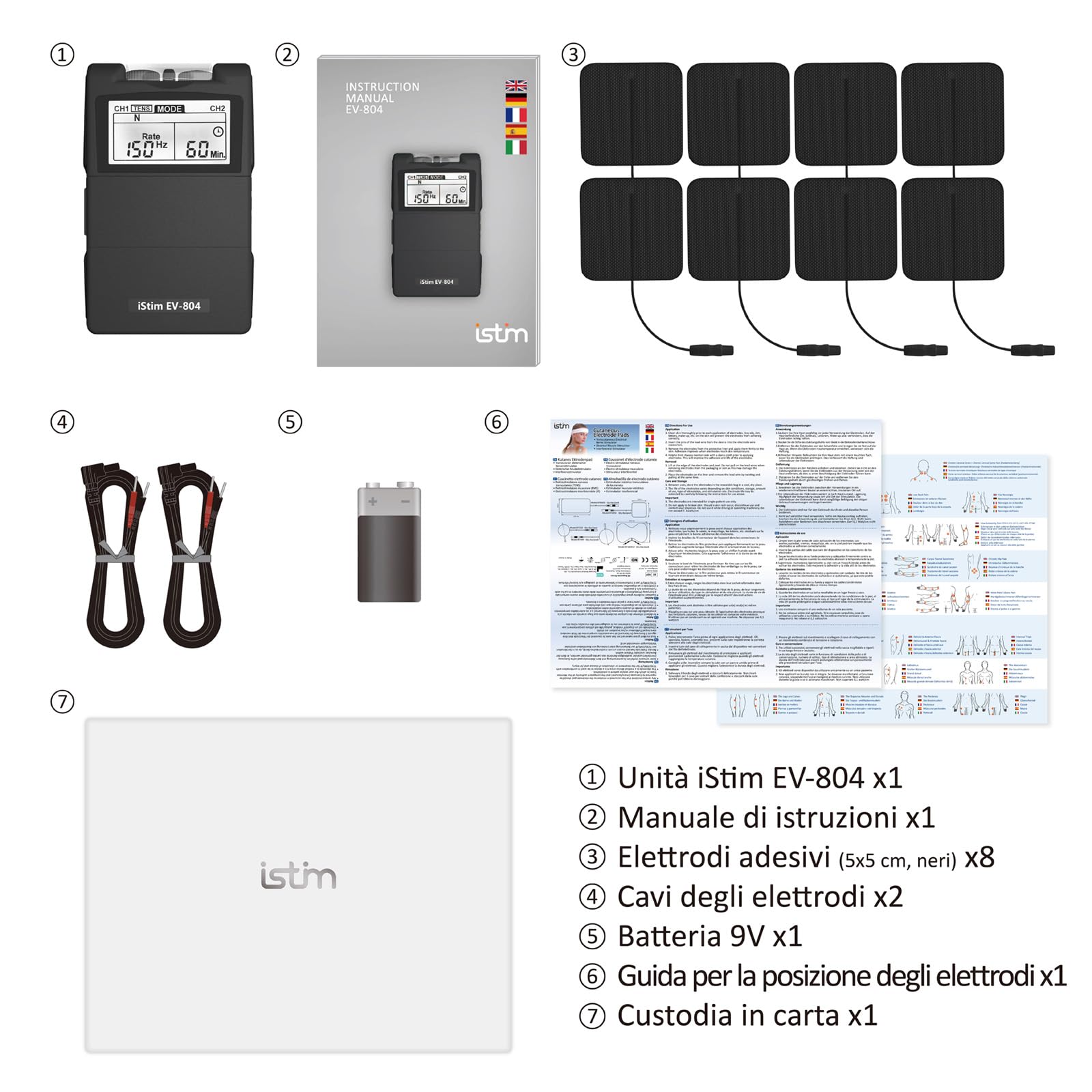 iSTIM EV-804 TENS/EMS Unità combinata a 2 canali - Stimolatore muscolare per sollievo dal mal di schiena, gestione del dolore e rafforzamento muscolare - 7 modalità, 24 programmi (8 elettrodi inclusi)