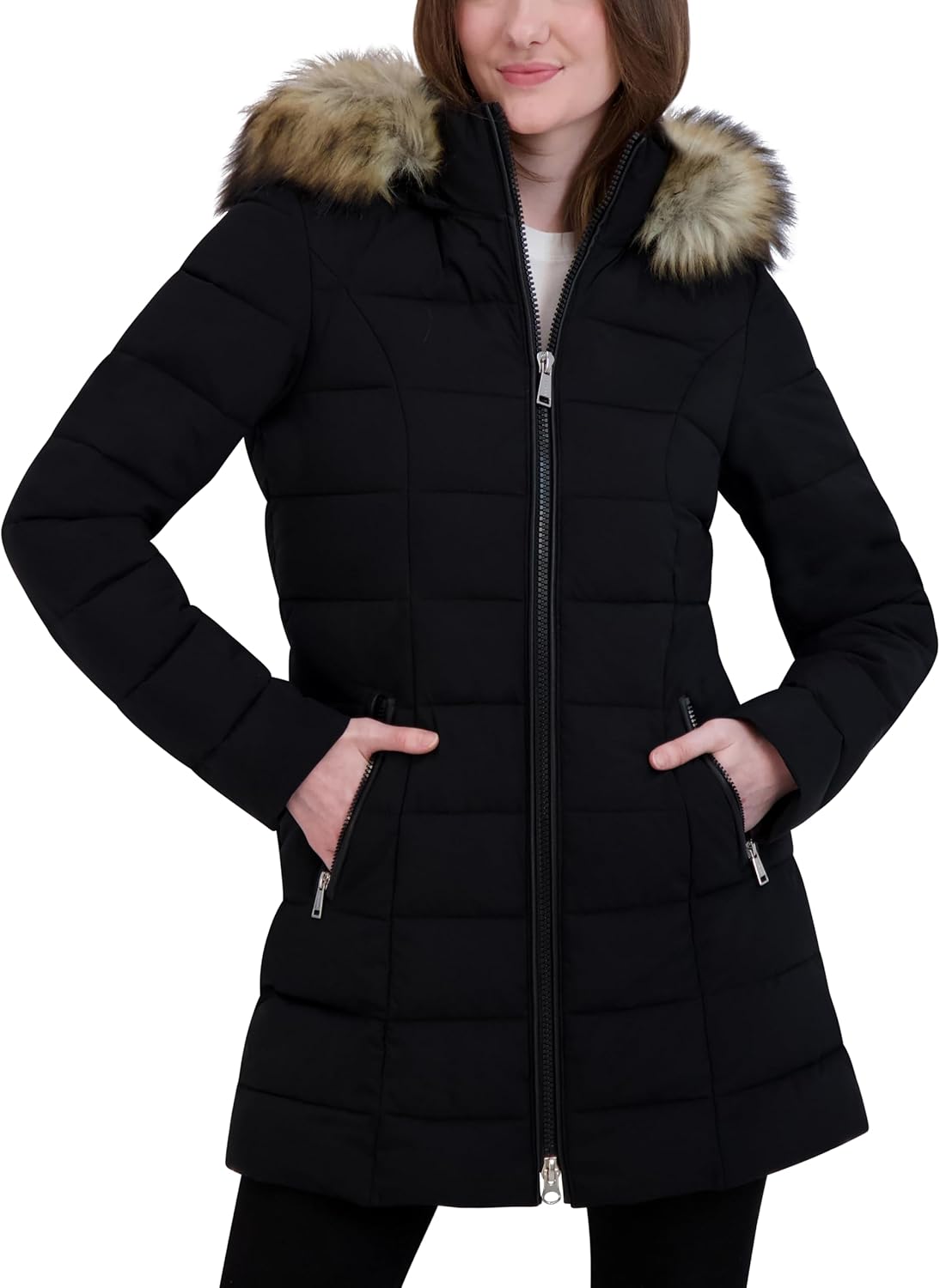 Laundry by Shelli Segal Women's Stretch Quilted Puffer Jacket – Long Winter Coat With Faux Fur Hood - Image 2