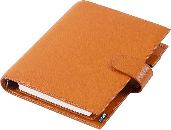 Moterm A5 Luxe Rings Planner - Genuine Leather Binder Organizer (Pebble-Burnt Orange, 30mm Ring)
