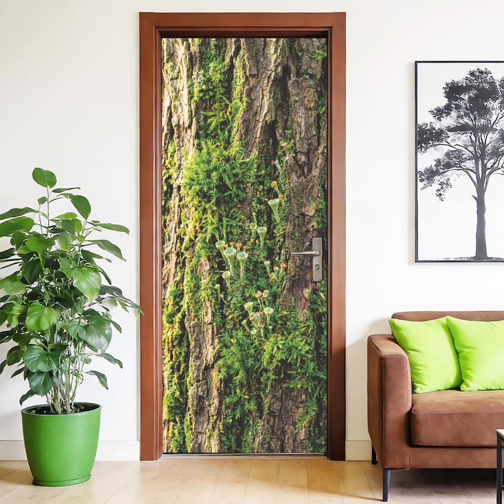 arricraft 2 Pcs Nature Wall Art Decor Self-Adhesive Door Sticker, 31.5"x78.7" Moss Covered Tree Bark Texture Decoration Door Murals Stickers PVC Removable Wallpaper Decoration for Bedrooms Living Room