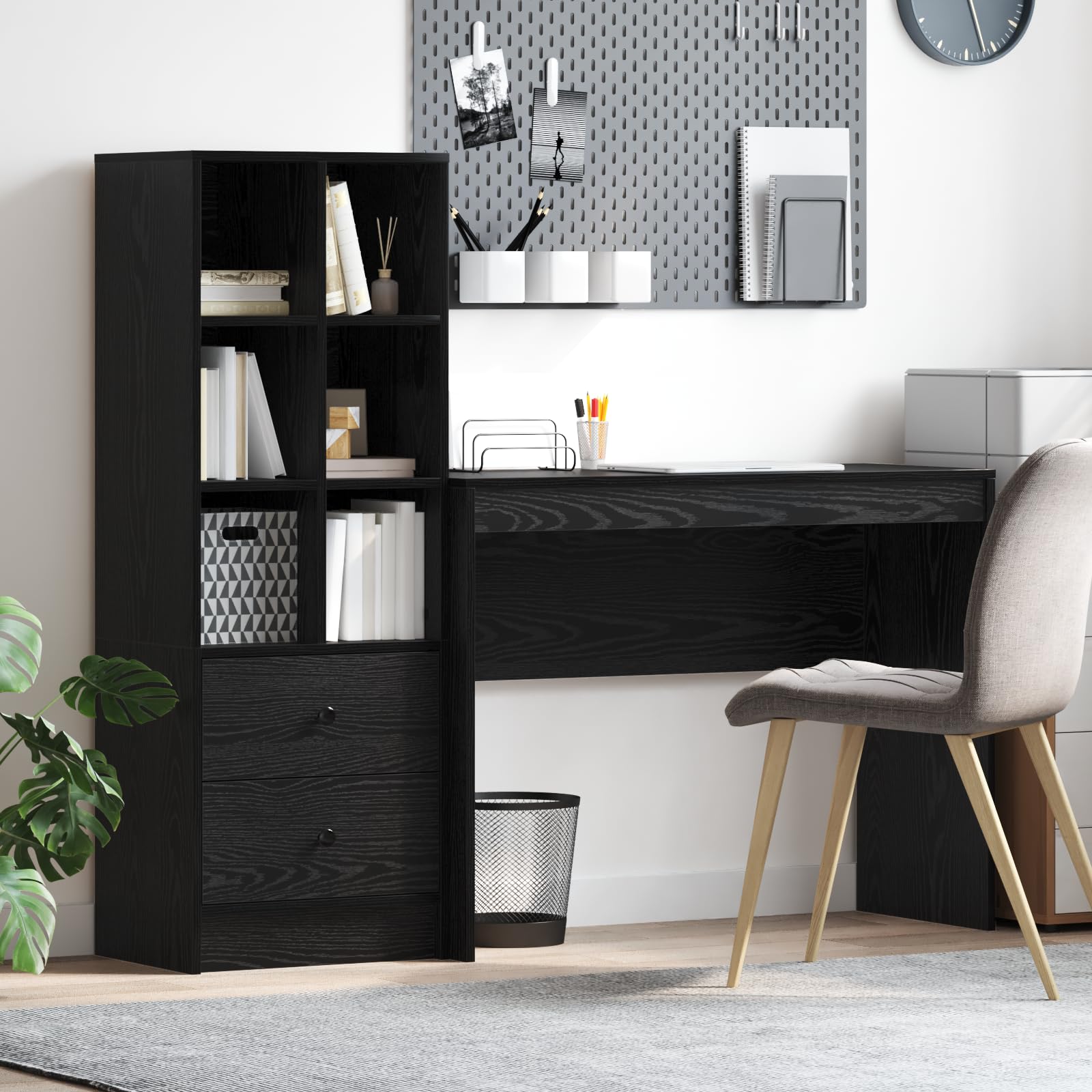Scrivania con vano portaoggetti, in legno di quercia nera, moderna postazione di lavoro per casa, ufficio, molto spazioso, scomparti e cassetti, struttura resistente ai graffi, qualità robusta