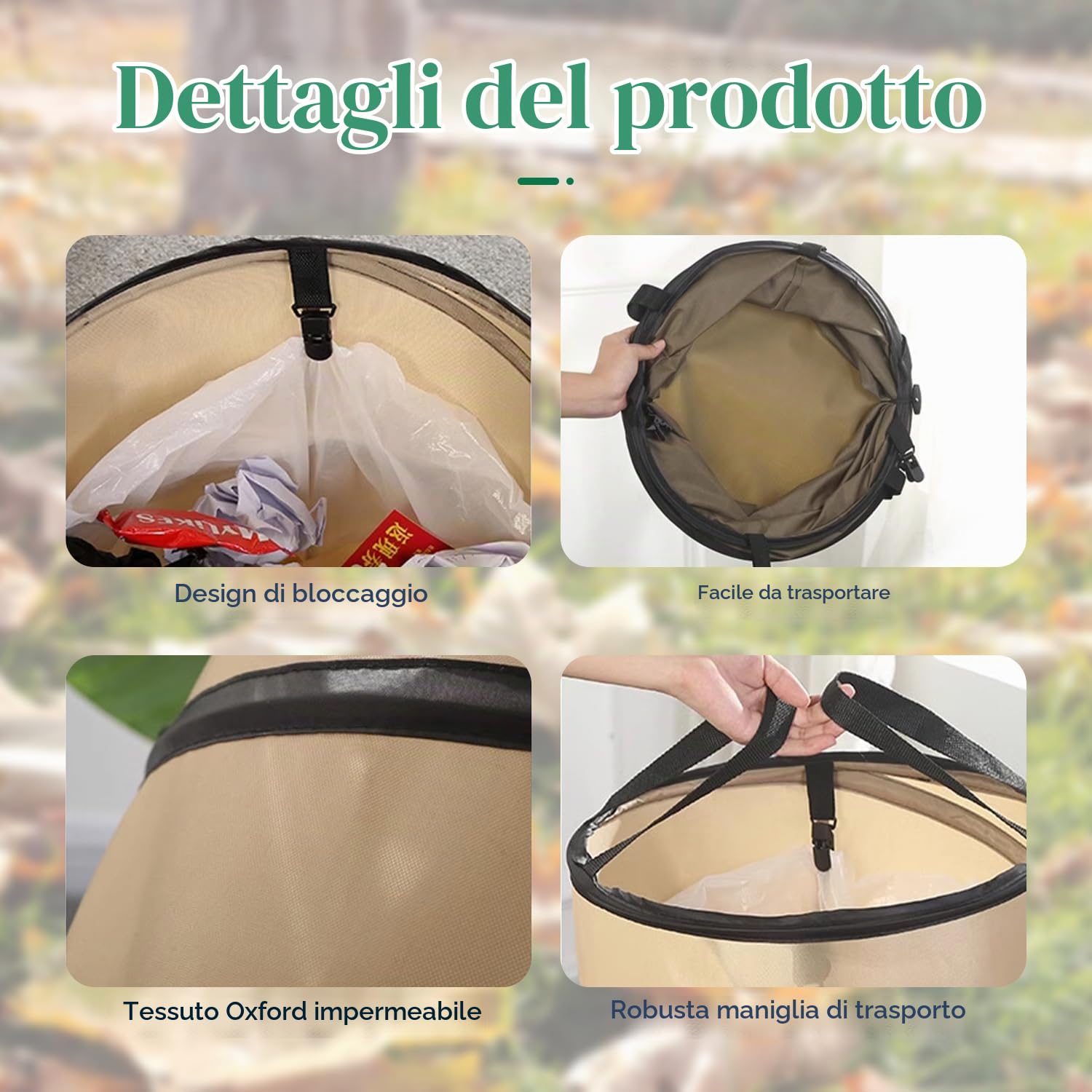 Tissting Pattumiera da Campeggio 34 Diametro 10 Galloni Modello a Clip Grande Tessuto Oxford Verde Scuro Sacco per Rifiuti Pieghevole Pattumiera da Campeggio Portatile per Balcone Gar Camping(Nero)