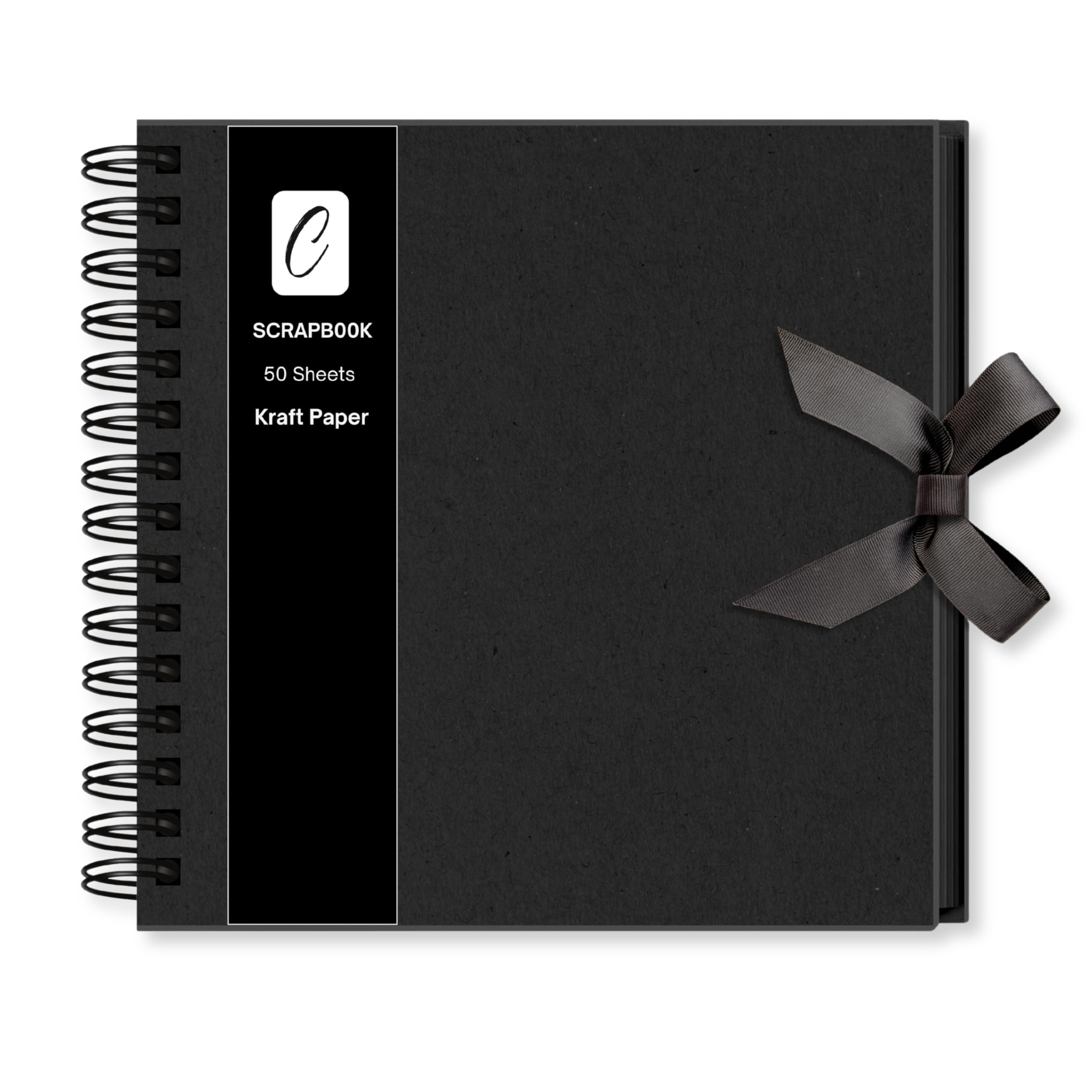 Scrapbook Photo Album 100 Pages (20 x 20 cm), Black Spiral-Bound Kraft Paper, Hard Cover with Ribbon Closure