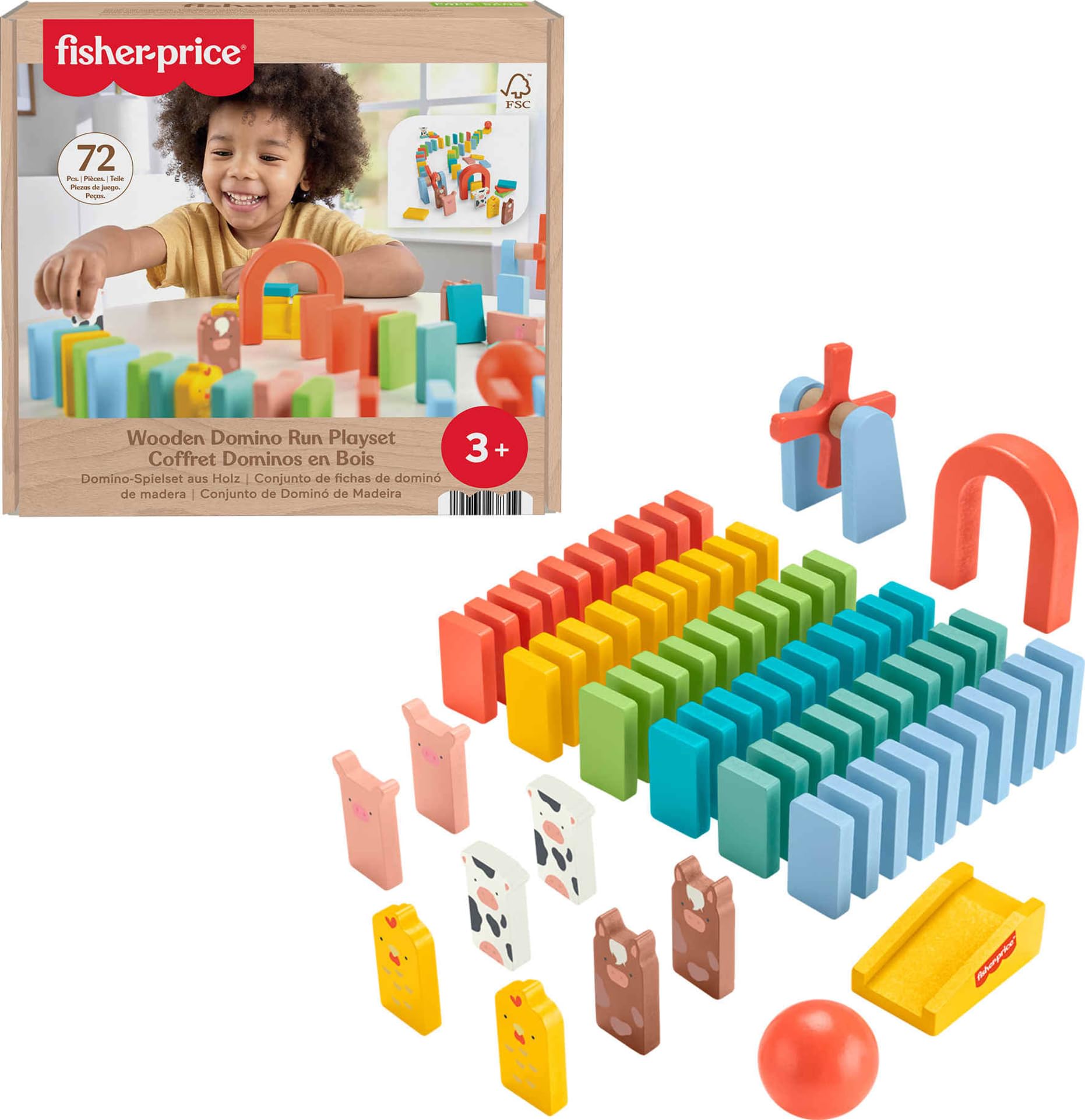 Fisher-Price Holz Vorschulspiel Domino Run Spielset, 72-teiliges Holzbauset für Kinder ab 3 Jahren