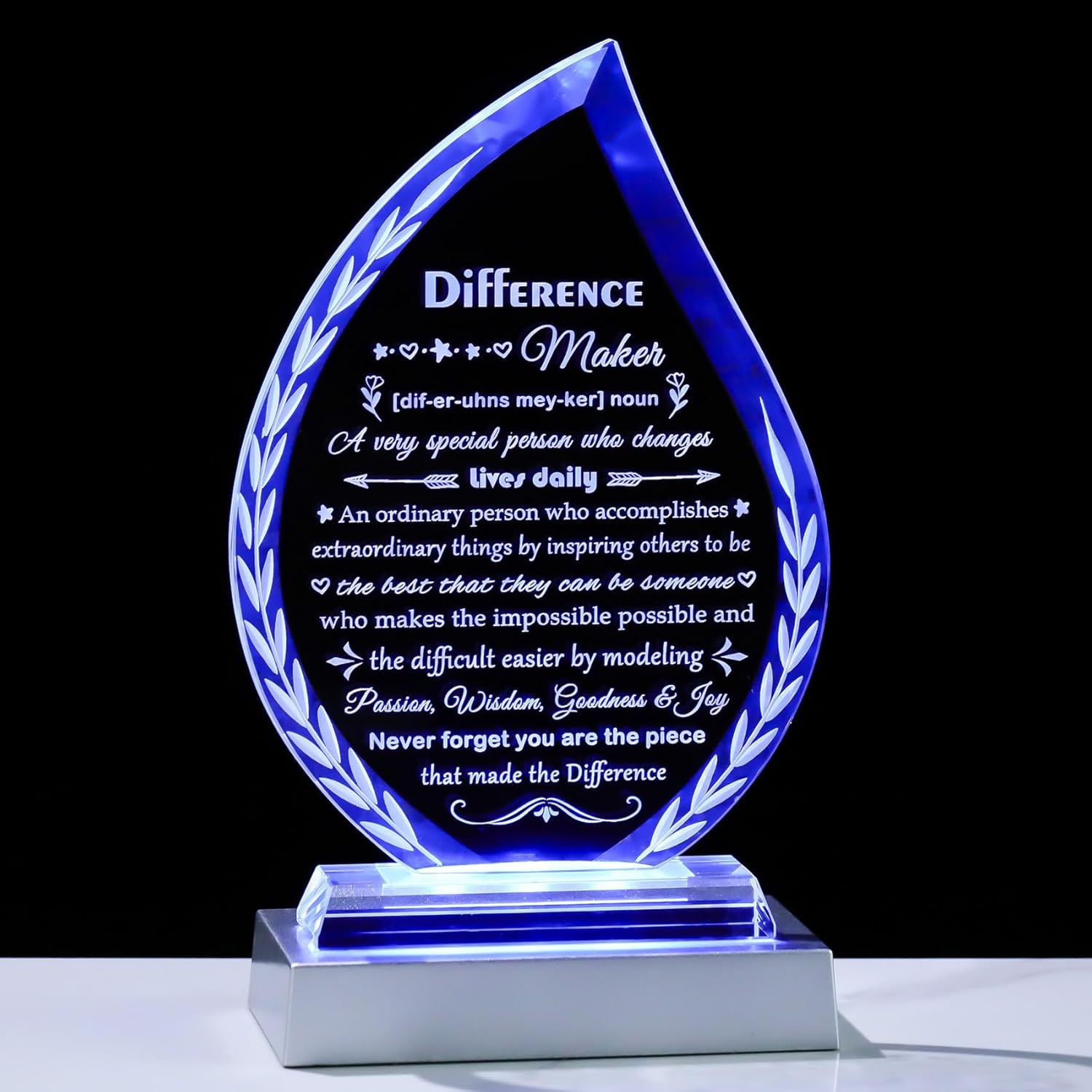 Movdyka Difference Maker Gift for Women Men Thank You Glass Plaque of Appreciation Gifts for Mentor Boss Leader Coworker Teacher Employee, Home Office Desk Decorative Sign - with Led Base