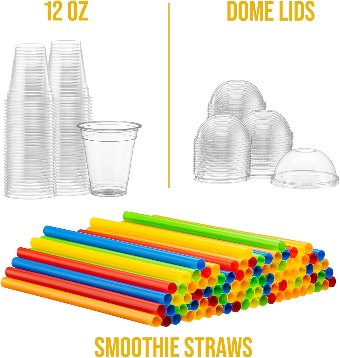 Crystal Clear PET Cups With Dome lids & Straws for Iced Coffee,Milkshake, Cold Drinks, Slush Cups, Smoothy's, Slurpee, Ice cream, Dessert, Party's, Plastic Disposable Cups (40, 12 oz)