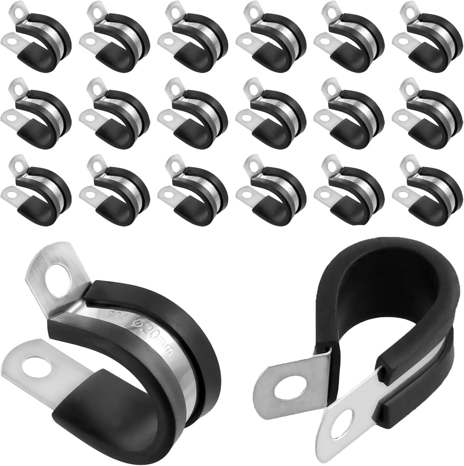 HAKZEON 100 Pcs 3/4 Inch Stainless Steel Cable Clamps, Rubber Cushioned Insulated Pipe Clamp, Cable Wire Clamps for Tube, Pipe or Wire Cord Installation, 20 mm