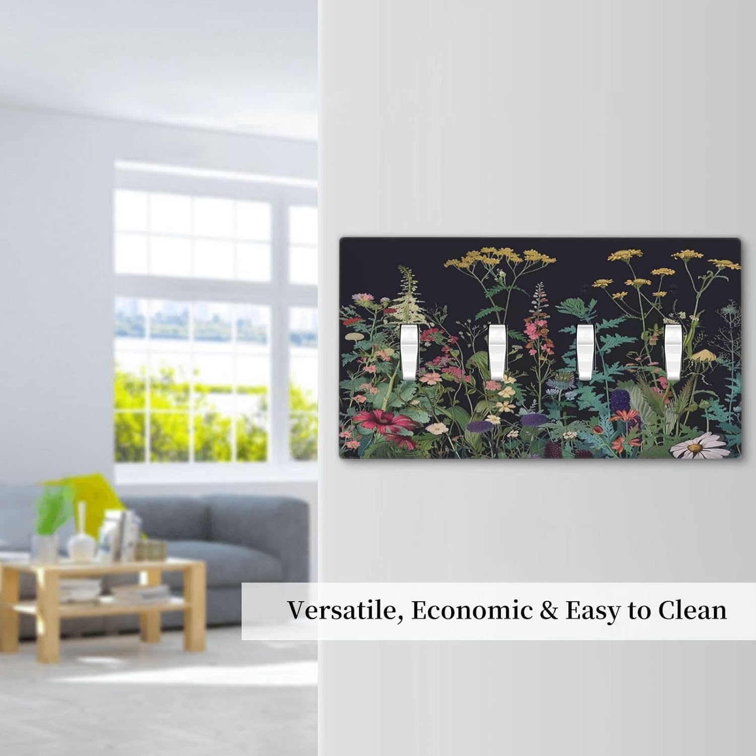 Light Switch Cover Boho Wildflowers Herbs Floral 4 Gang Switch Plate Quad Toggle Wall Plates Decorative Switchplate Electrical Outlet Cover Plates for Bathroom Bedroom Decor