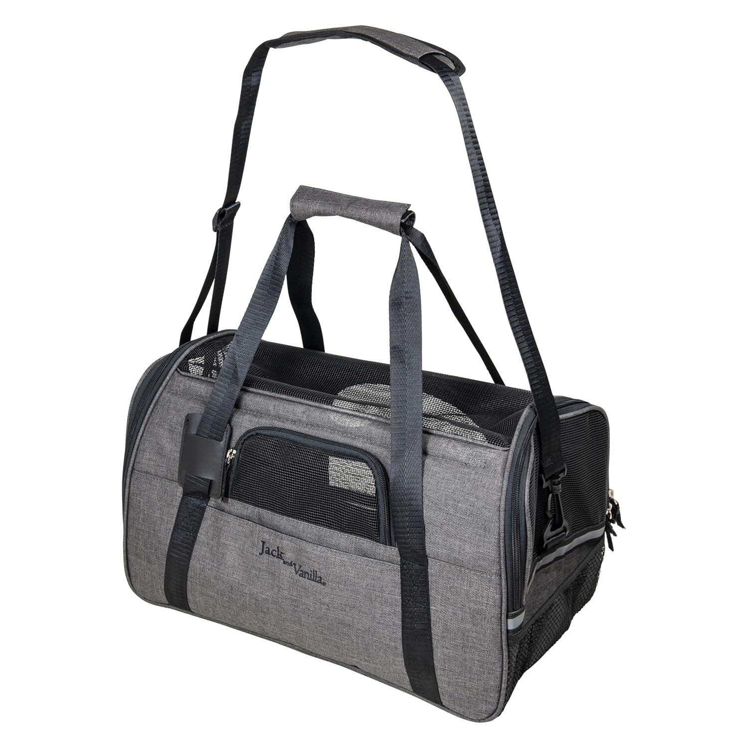 JACK AND VANILLA, Bolsa de Transporte Plegable para Mascotas, Ligera y Duradera, con ventilación óptima, Ideal para Viajes y Almacenamiento, tamaño 44x25x25 cm, Color Gris, Modelo de Viaje