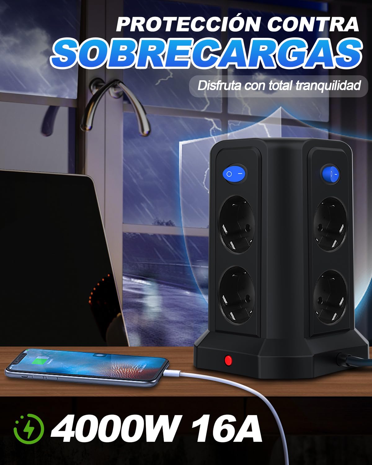 Torre Regletas Enchufes con Luz Nocturna y Carga Rápida PD 20W, Regleta Vertical 4000W 16A con Cable 3M, Protección Sobretensión, 8 Tomas y 4 USB, 4 Interruptores Independientes para Oficina y Casa