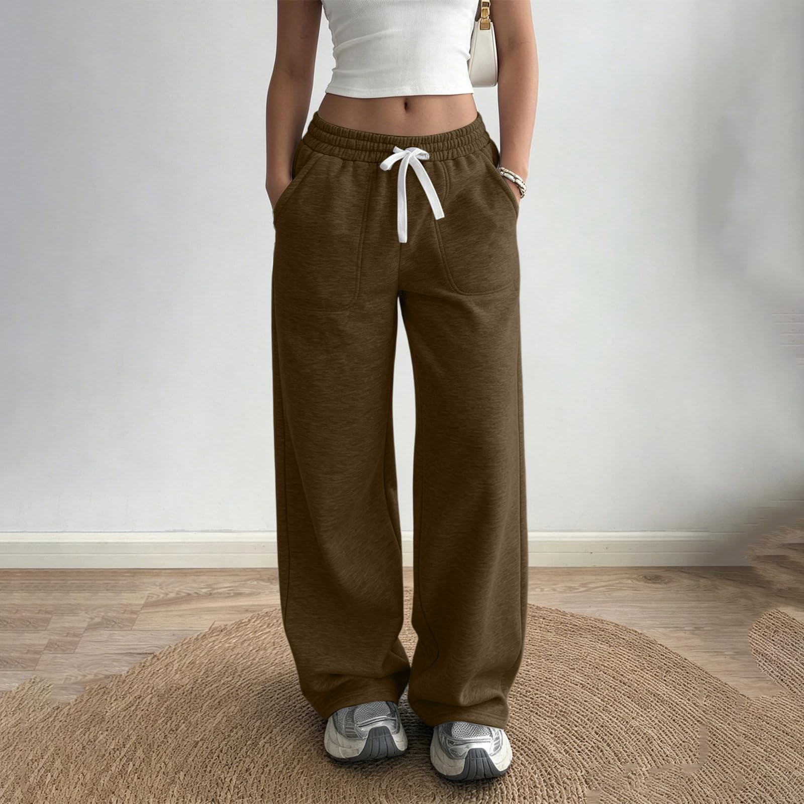 Generico Pantaloni da Jogging Donna Pantaloni Lunghi a Vita Alta Pantlone Cotone con Coulisse Regolabile Leggeri e Comodi Pantalone da Corsa con Tasche Tinta Unita Pants Baggy per Fitness e Sport