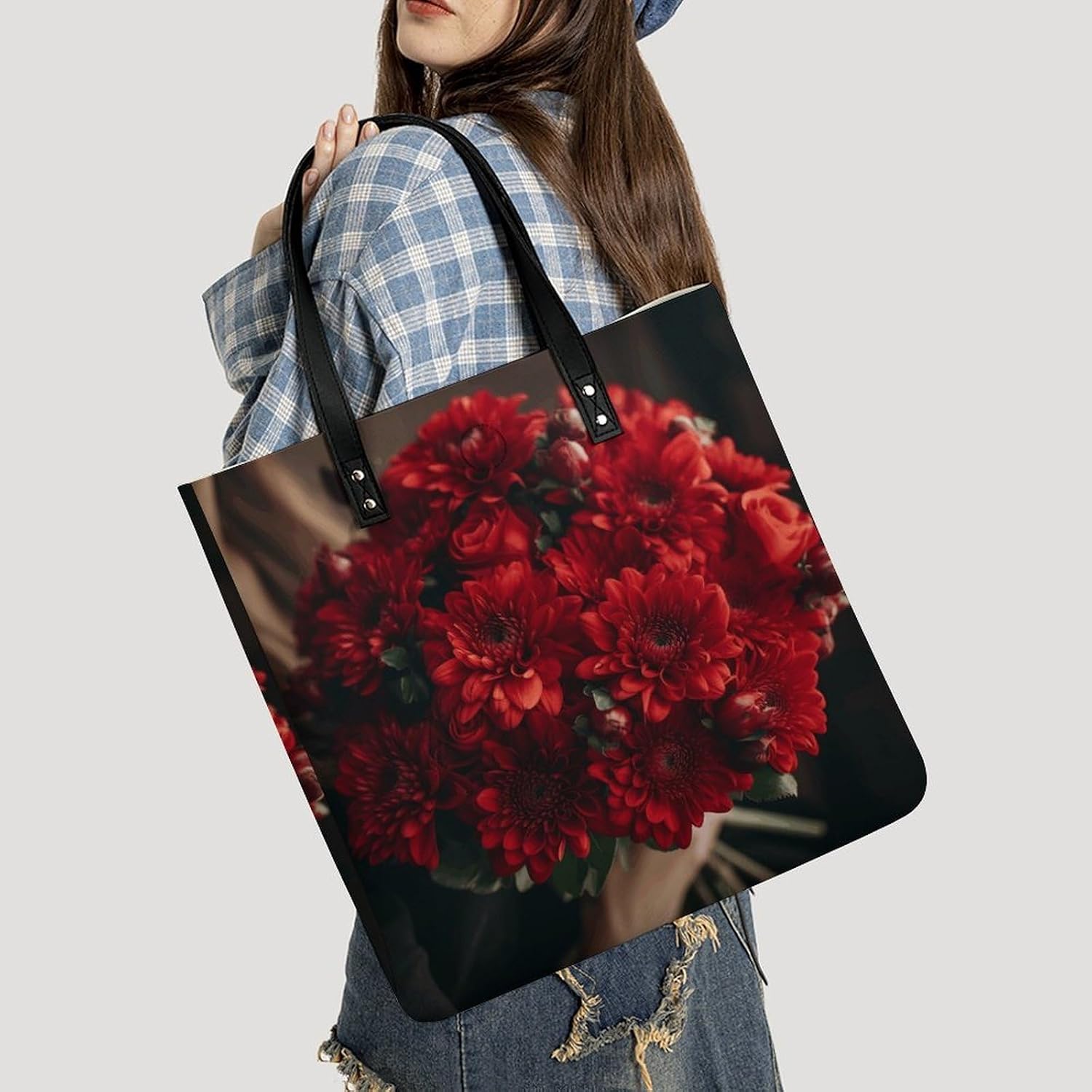 Bouquet of Red Flowers Handbags Large Capacity, Tote Bag Stylish Slouchy, Shoulder Bags for Work Beach Travel And Shopping Grocery.