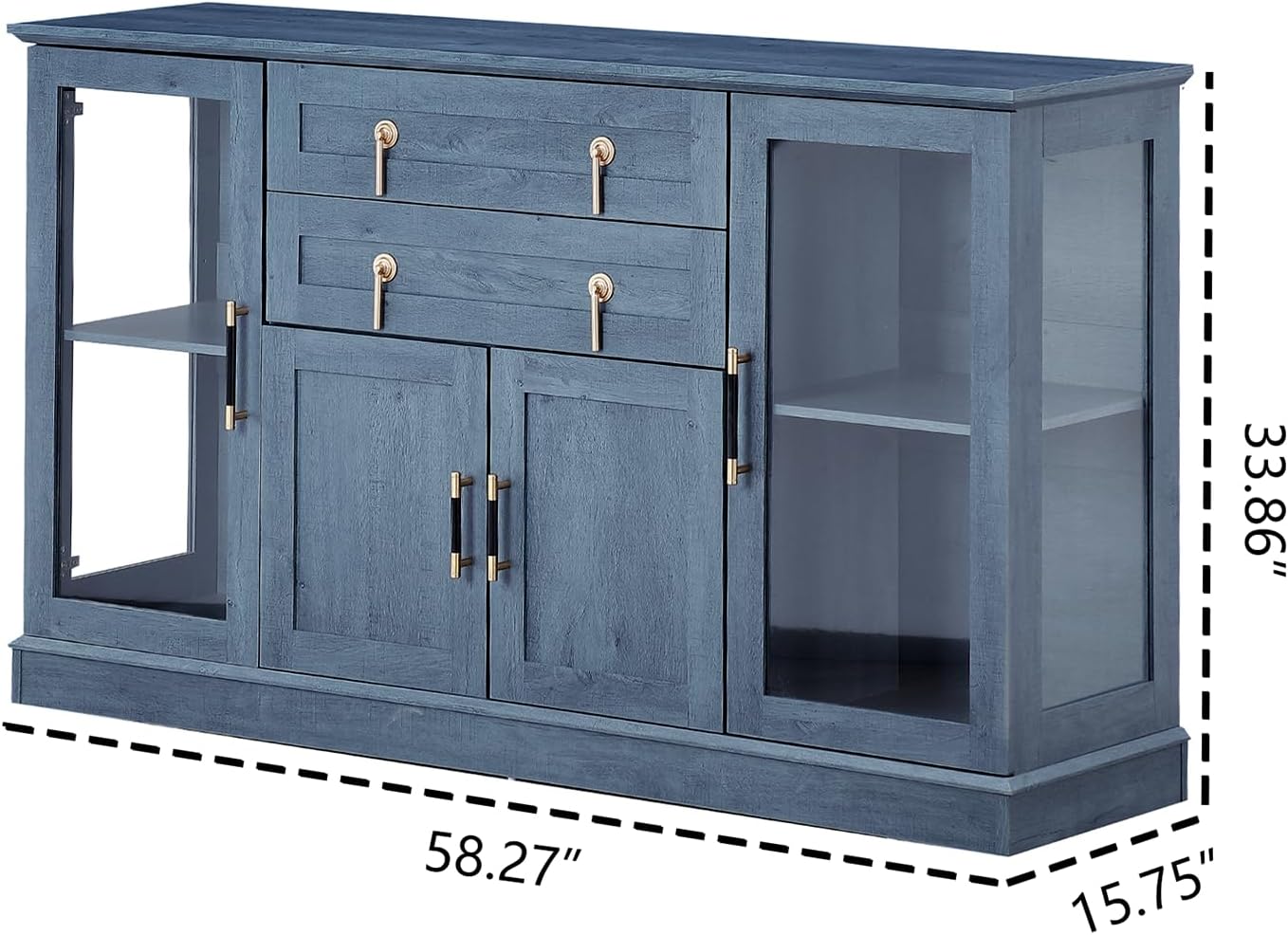 Modern Sideboard with Glass Doors,58.27‘’ Large Buffet Cabinet with Drawers and Adjustable Shelves, Sideboard Cabinet with Storage for Kitchen and Dining Room,Blue
