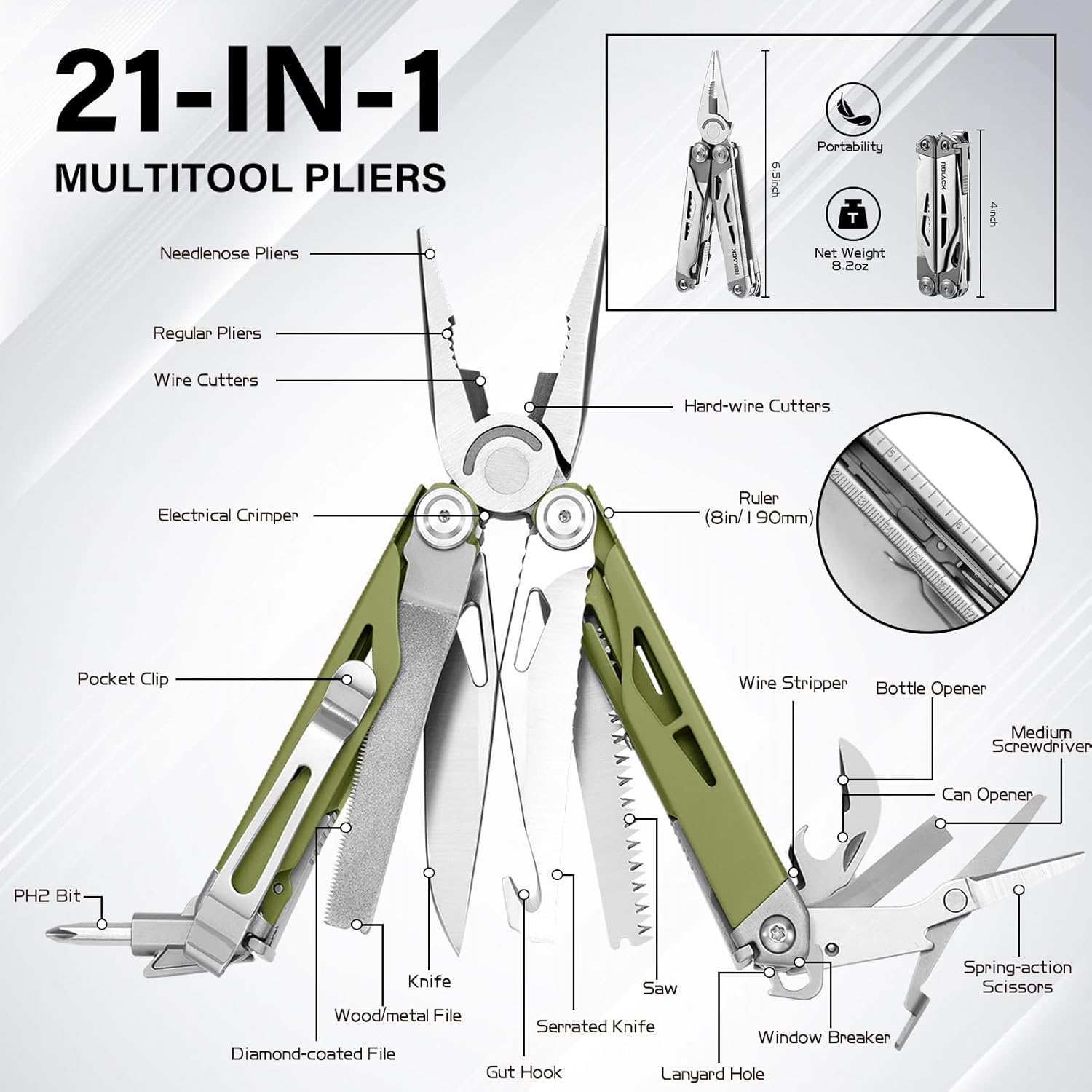 Multitool, 21-in-1 Multi Tool Pliers with Safety Locking and Spring-Action Scissors, Heavy-duty Stainless Steel Multi-tool Set with Nylon Sheath for Work, Home, Garden, DIY & Auto, Olive Green