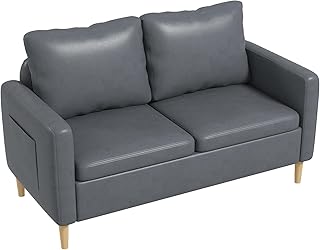 HOMCOM Sofá de 2 Plazas Sillón Moderno Tapizado en Poliéster con 2 Bolsillos Laterales Reposabrazos y Patas de Madera para Dormitorio Oficina Carga 200 kg 143x76x83 cm Gris
