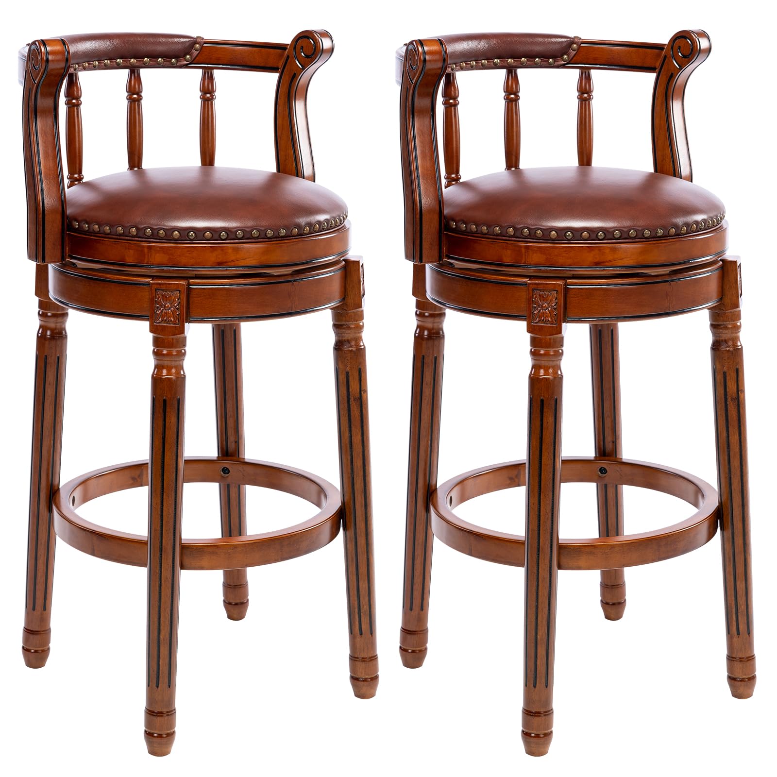 AULIFE Cow top Leather Wooden Bar Stools, 360 Degree Swivel Bar Height Chair with Backs for Home Kitchen Counter, Morden Chair Barstools (Brown 2pcs,