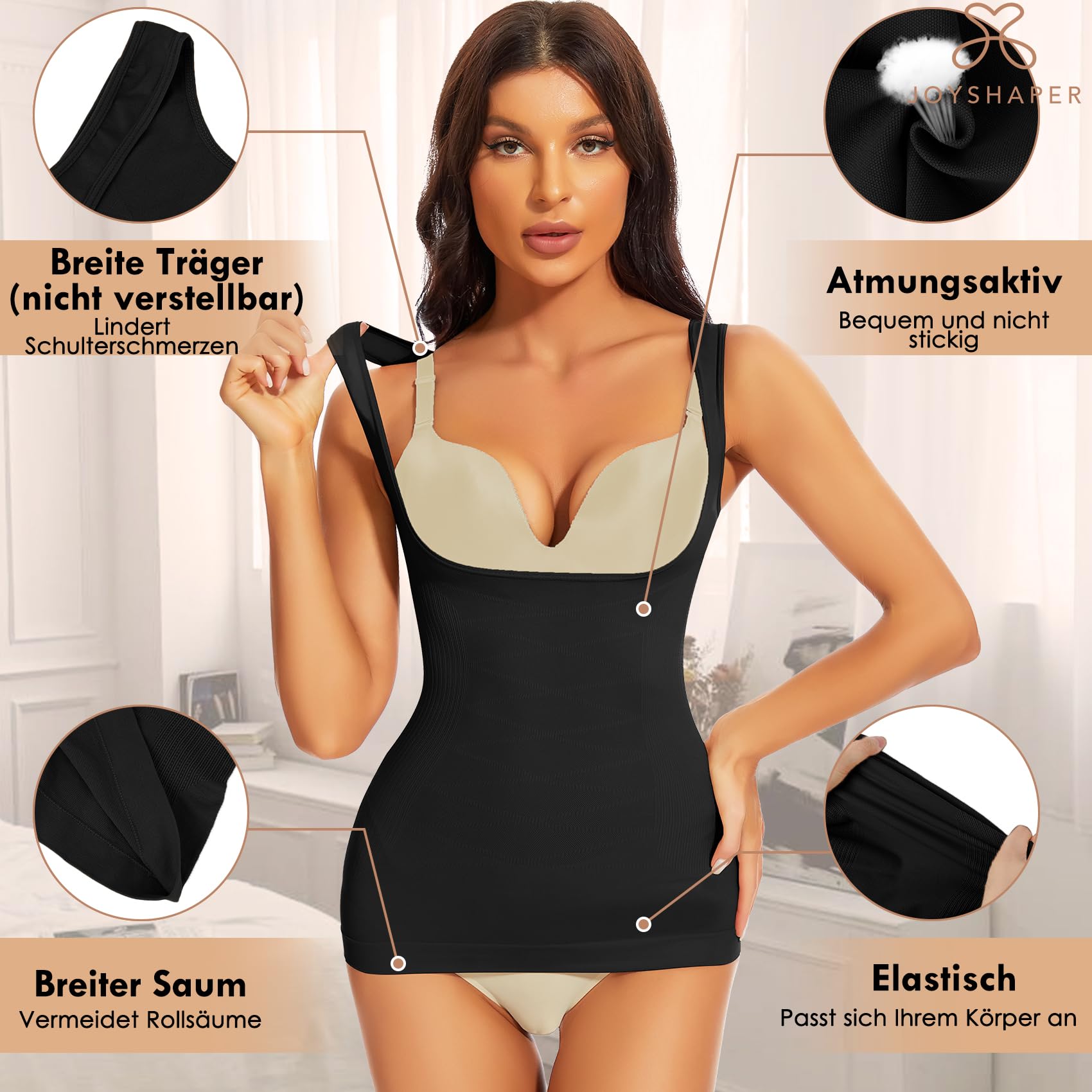 Joyshaper Shapewear damski podkoszulek top pod biustem, bez szwów, wyszczuplający brzuch, podkoszulek z szerokimi ramiączkami, modelujący top na ramiączkach, koszulka, czarny, L