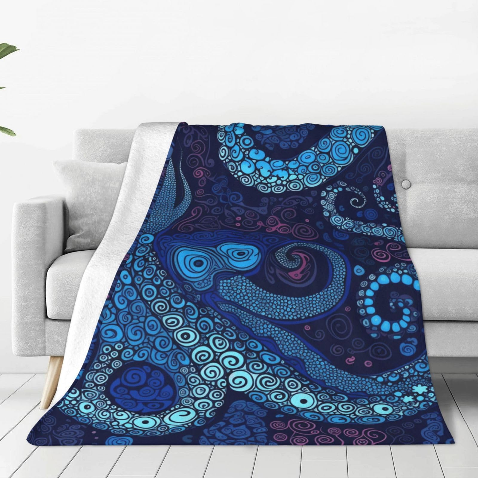 KLOPH Blue Octopus Throw Blanket 60"x50" Flannel Fluffy Warm Blanket for Couch, Reversible Plush Blankets for Bed, Comfy Fuzzy Blanket for Sofa, Plush Lightweight-Blankets for All Season