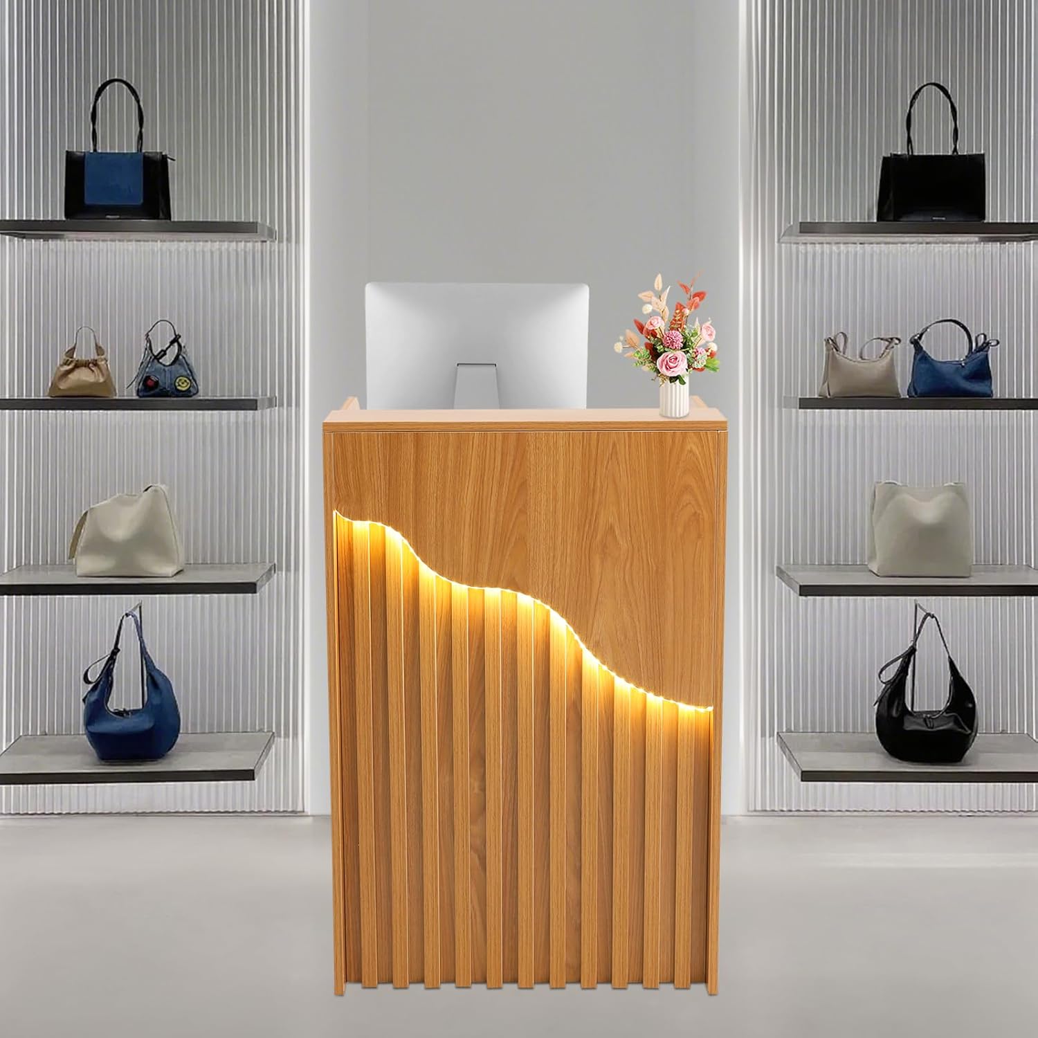 Reception Desk with Streamlined Shape LED Light, Simple Grille Modern Front Desk with Lockable Drawer, Reception Counter for Clothing Salon Shop Hotel, 23.6 * 15.7 * 37.8in (Oak Color)