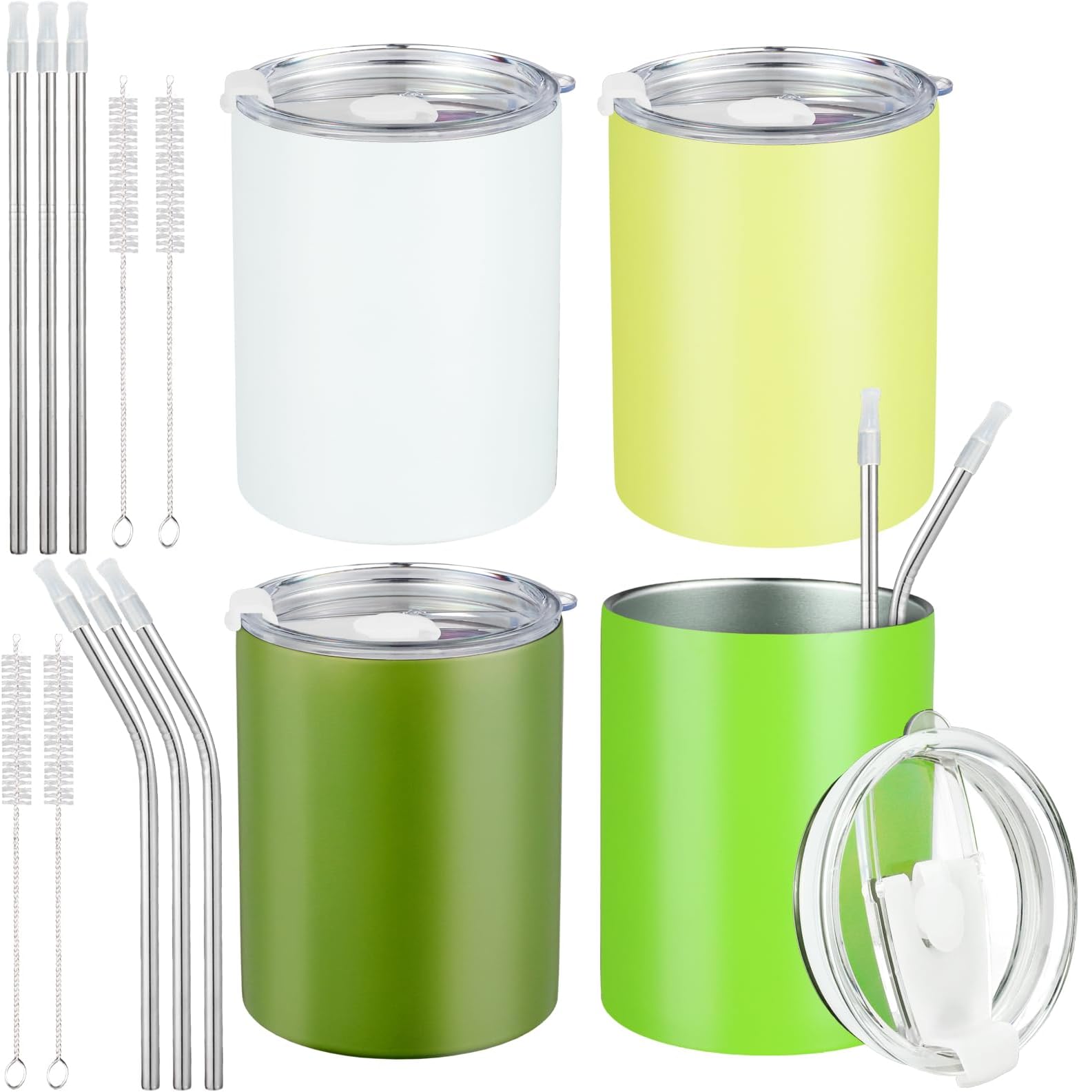 Puraville 12 oz Stainless Steel Tumbler with Lid and Straw, Insulated Travel Coffee Mug with Lid, Double Wall Reusable Coffee Cup for Hot and Cold Drinks, 4 Pack Forest, Grass,Yellow,Matte White