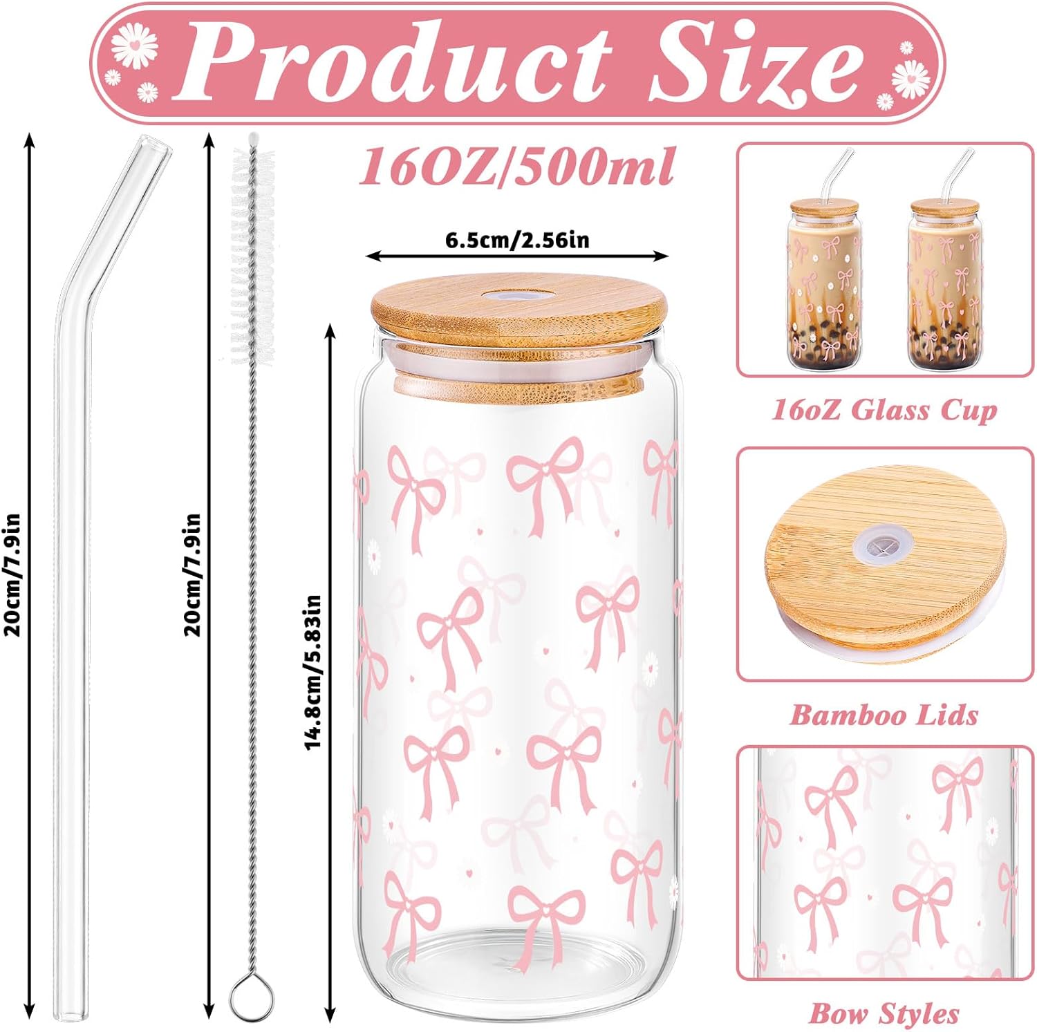 2 Pcs Coquette Pink Bow Glasses Cups, 16oz Cute Bow Glass Cups with Lid Brush and Straw Aesthetic Iced Coffee Cup, Girly Preppy Design Glasses Drinking for Teen Girls Women Men Kids Gift Trendy Stuff - Image 2